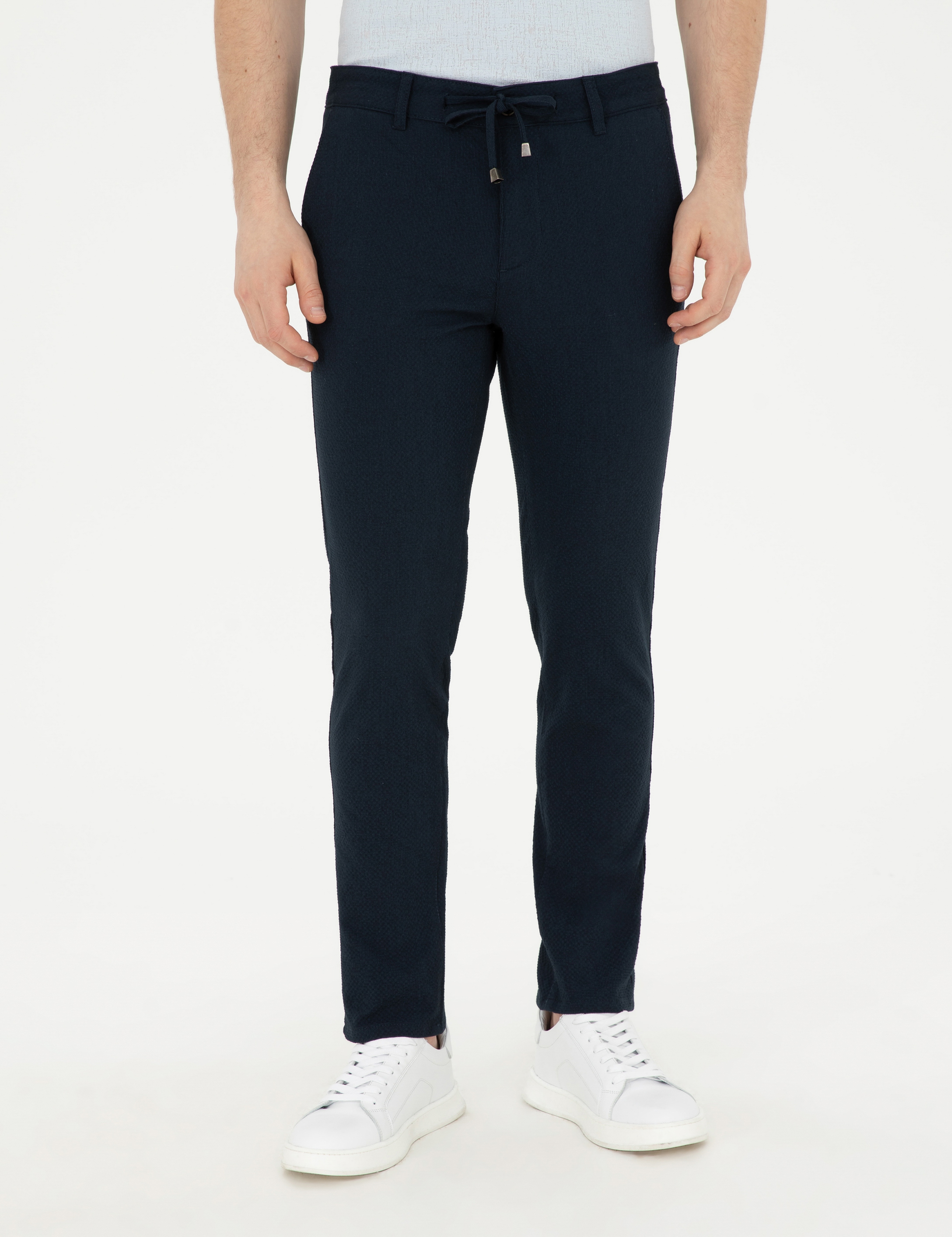 Lacivert Slim Fit Gofre Bağcıklı Kanvas Pantolon - Image 2