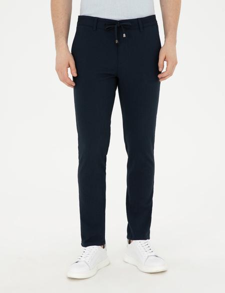 Lacivert Slim Fit Gofre Bağcıklı Kanvas Pantolon - 50284225406