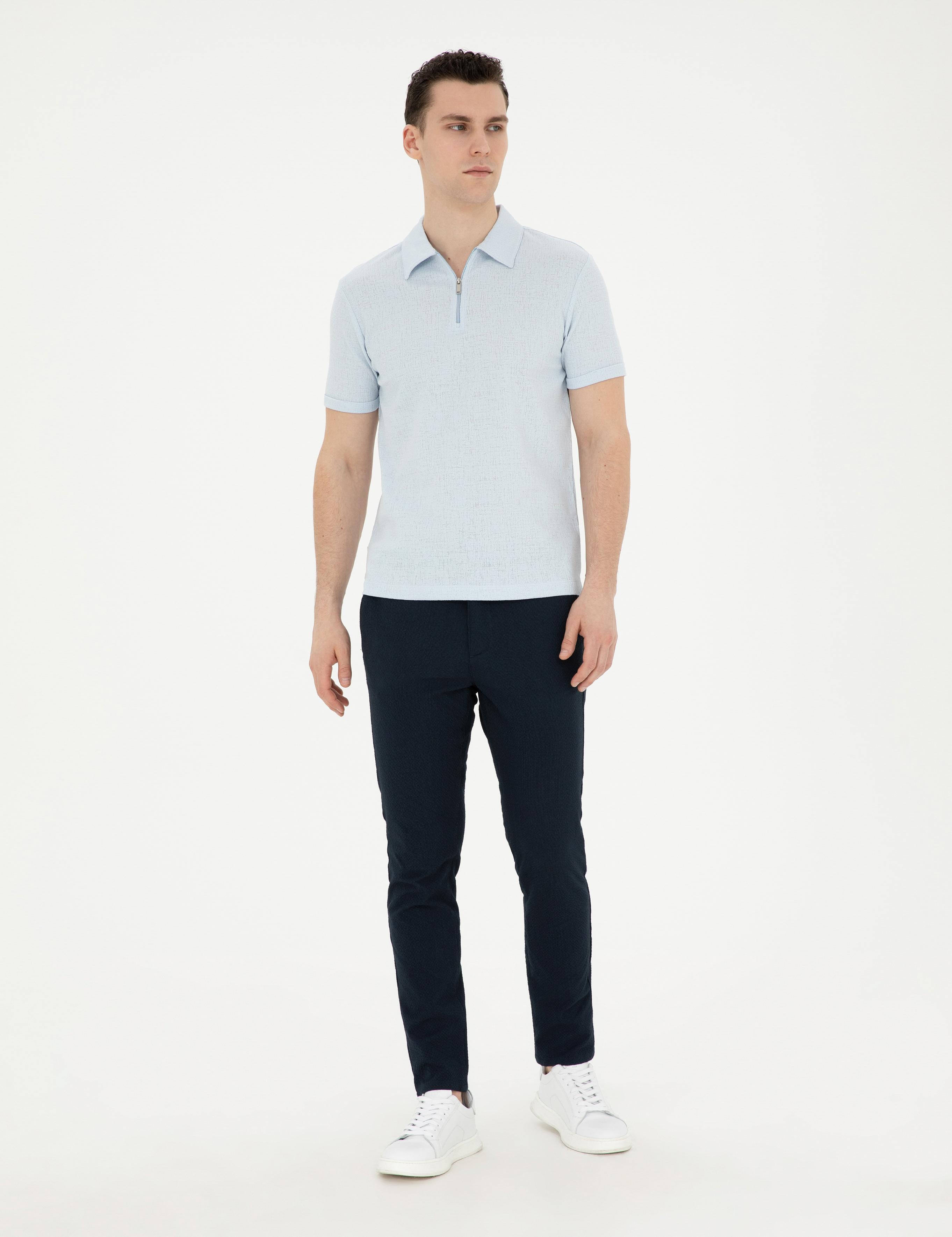 Lacivert Slim Fit Gofre Bağcıklı Kanvas Pantolon