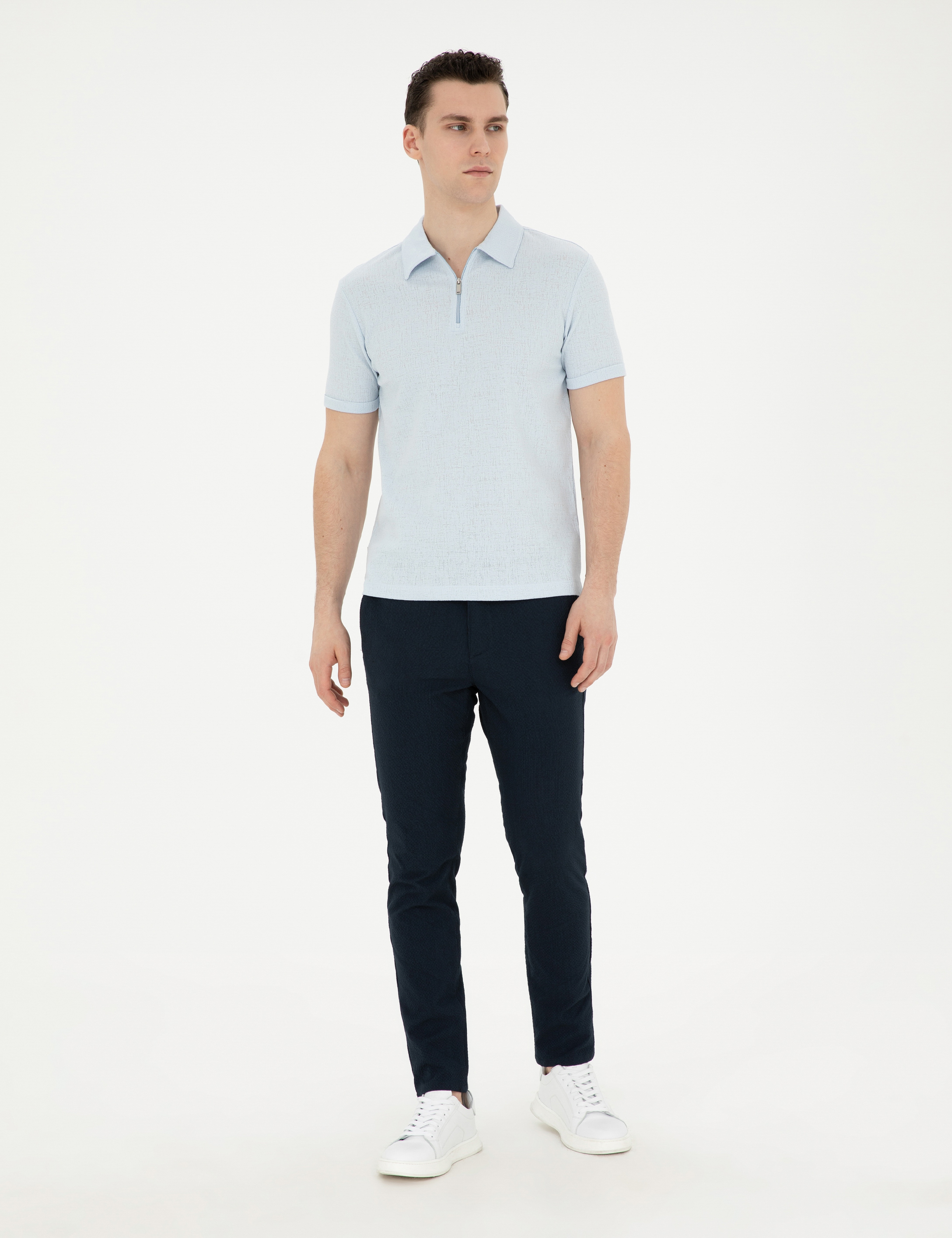 Lacivert Slim Fit Gofre Bağcıklı Kanvas Pantolon - Image 3