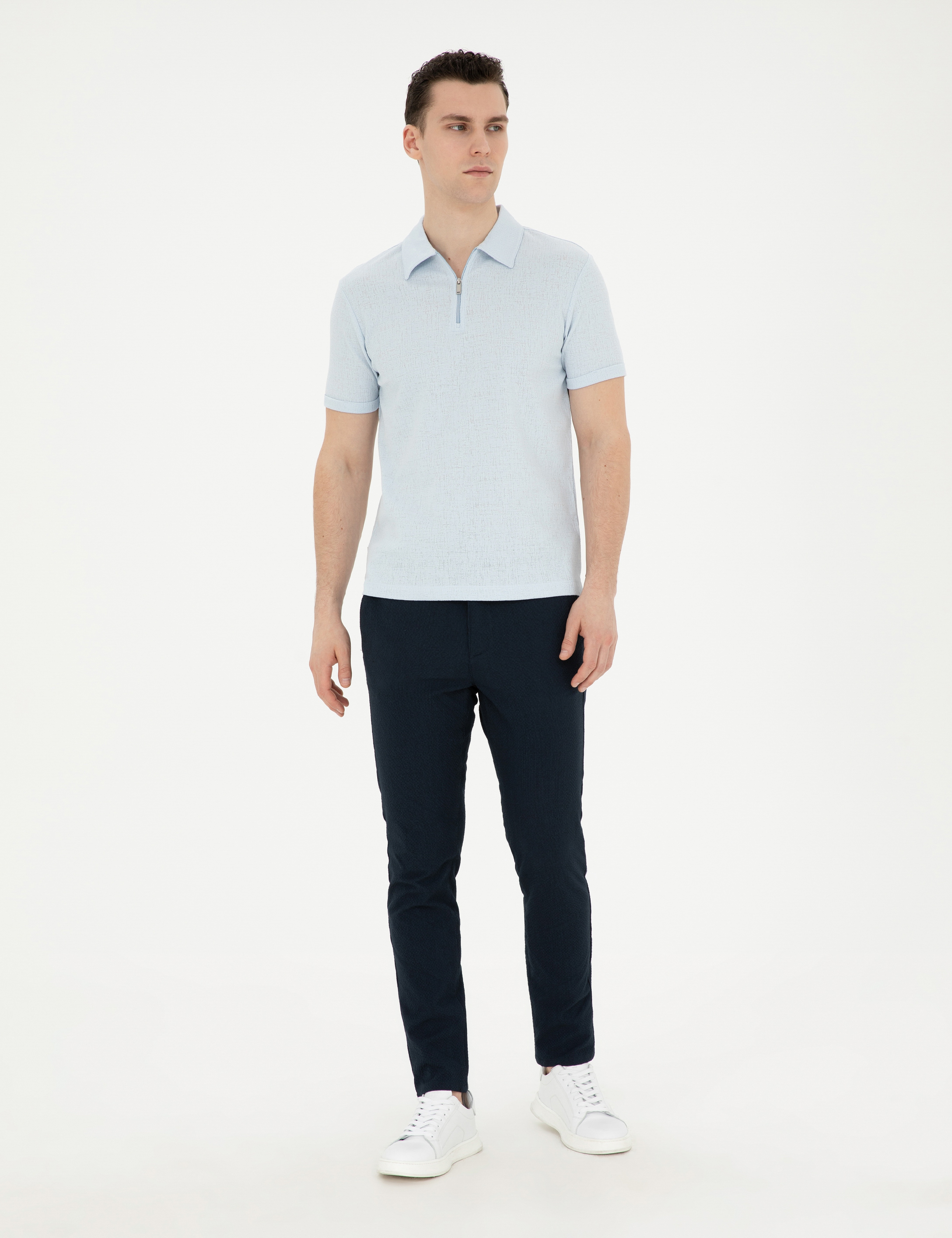 Lacivert Slim Fit Gofre Bağcıklı Kanvas Pantolon
