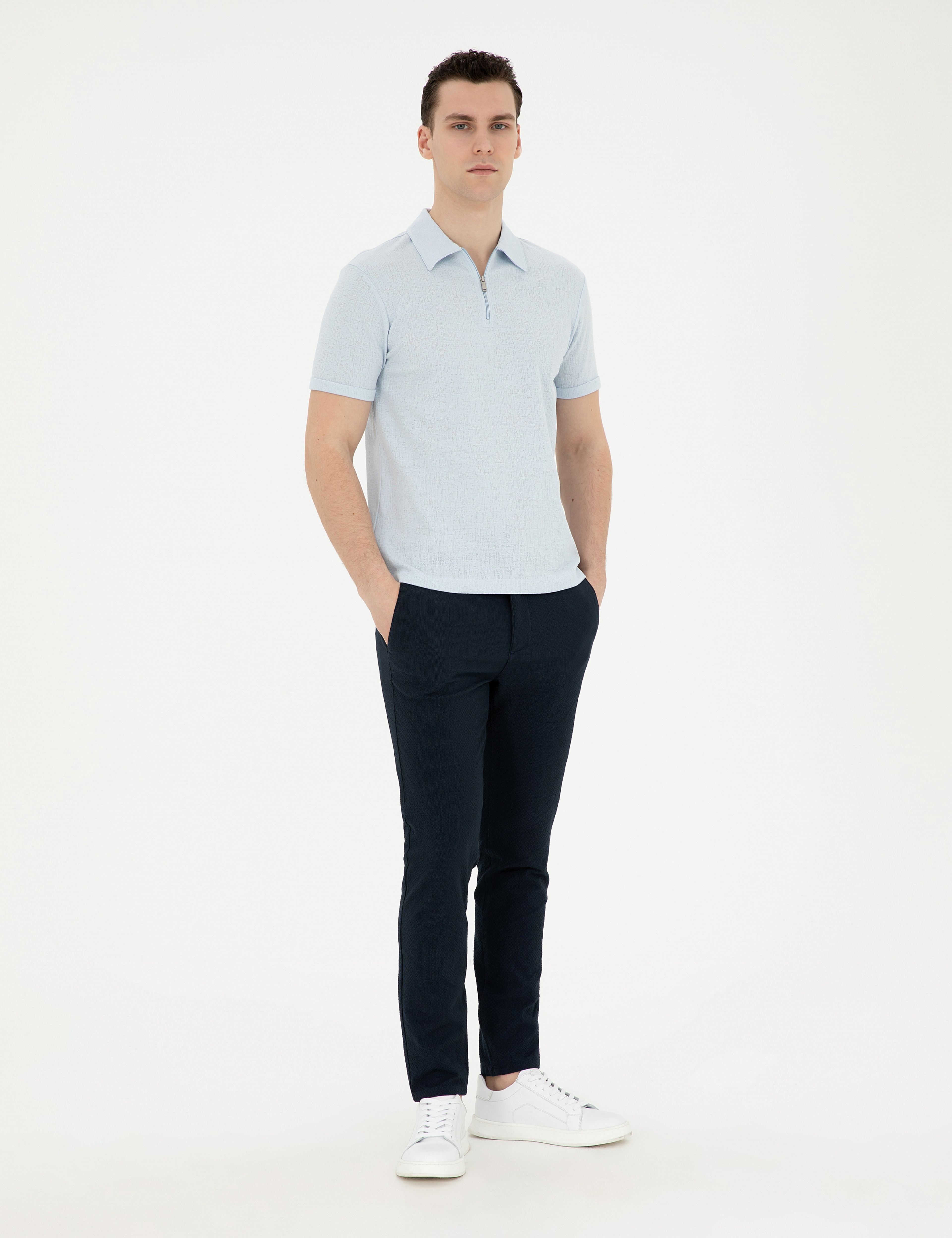 Lacivert Slim Fit Gofre Bağcıklı Kanvas Pantolon - Image 1