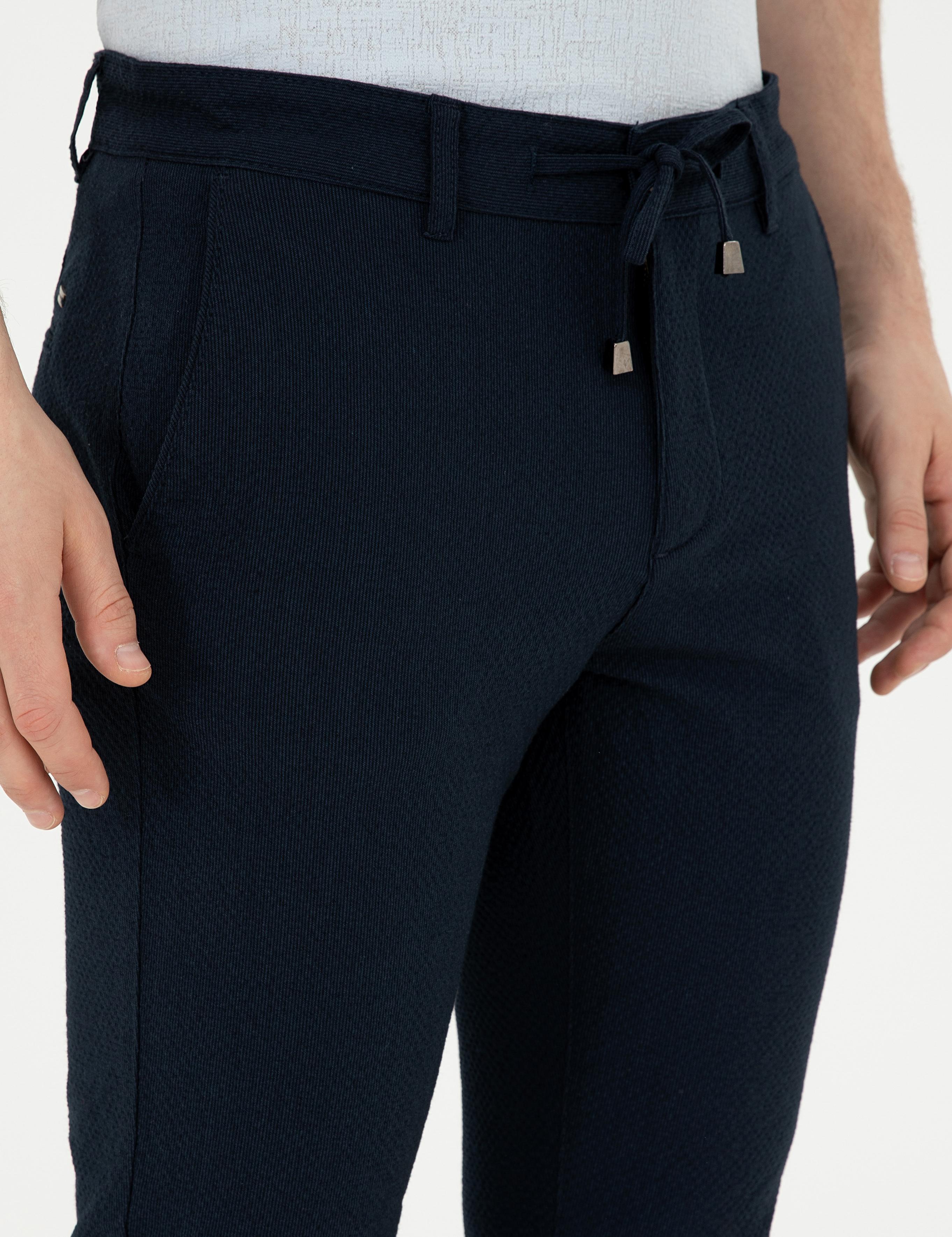 Lacivert Slim Fit Gofre Bağcıklı Kanvas Pantolon