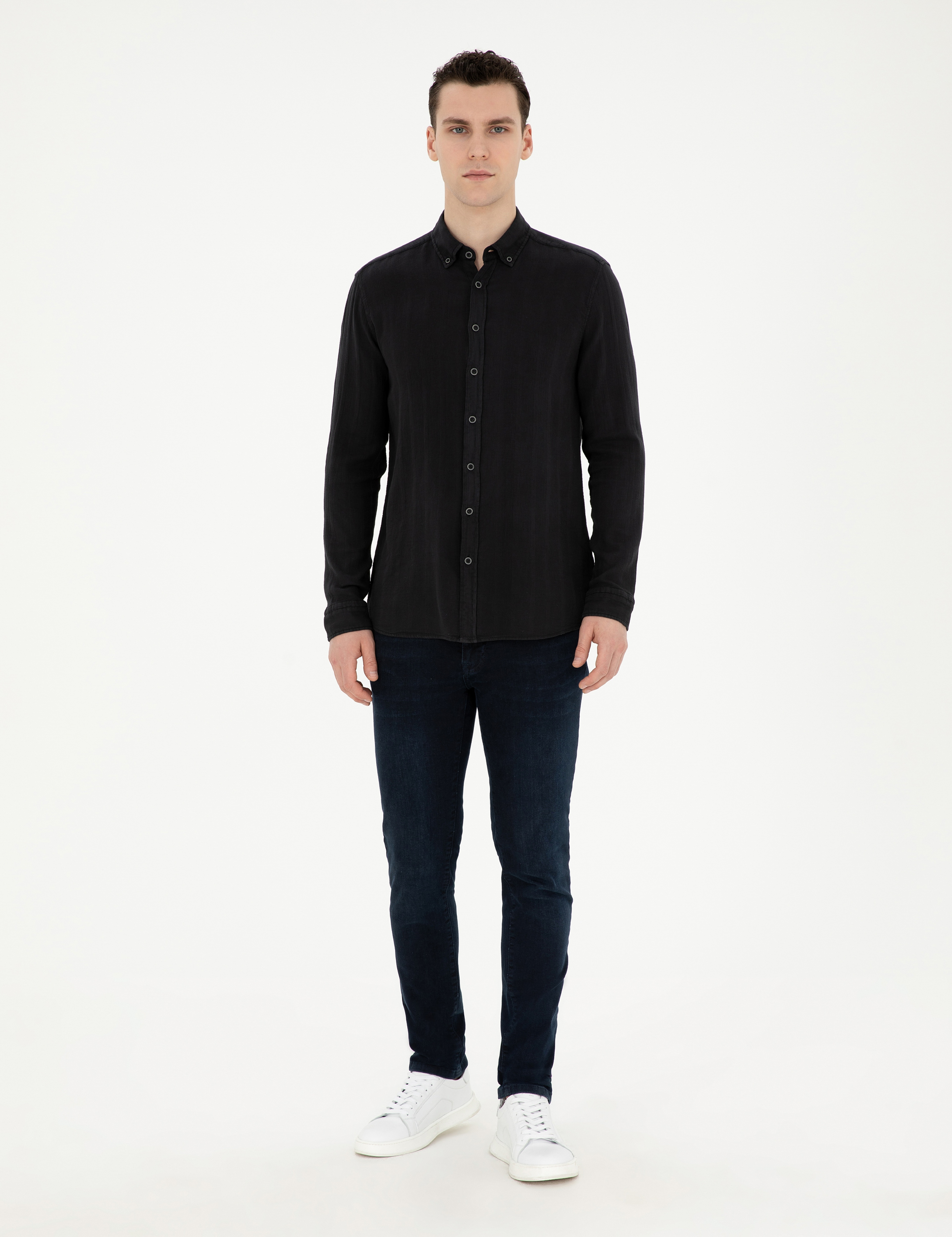 Siyah Regular Fit Uzun Kollu Gömlek - Image 4