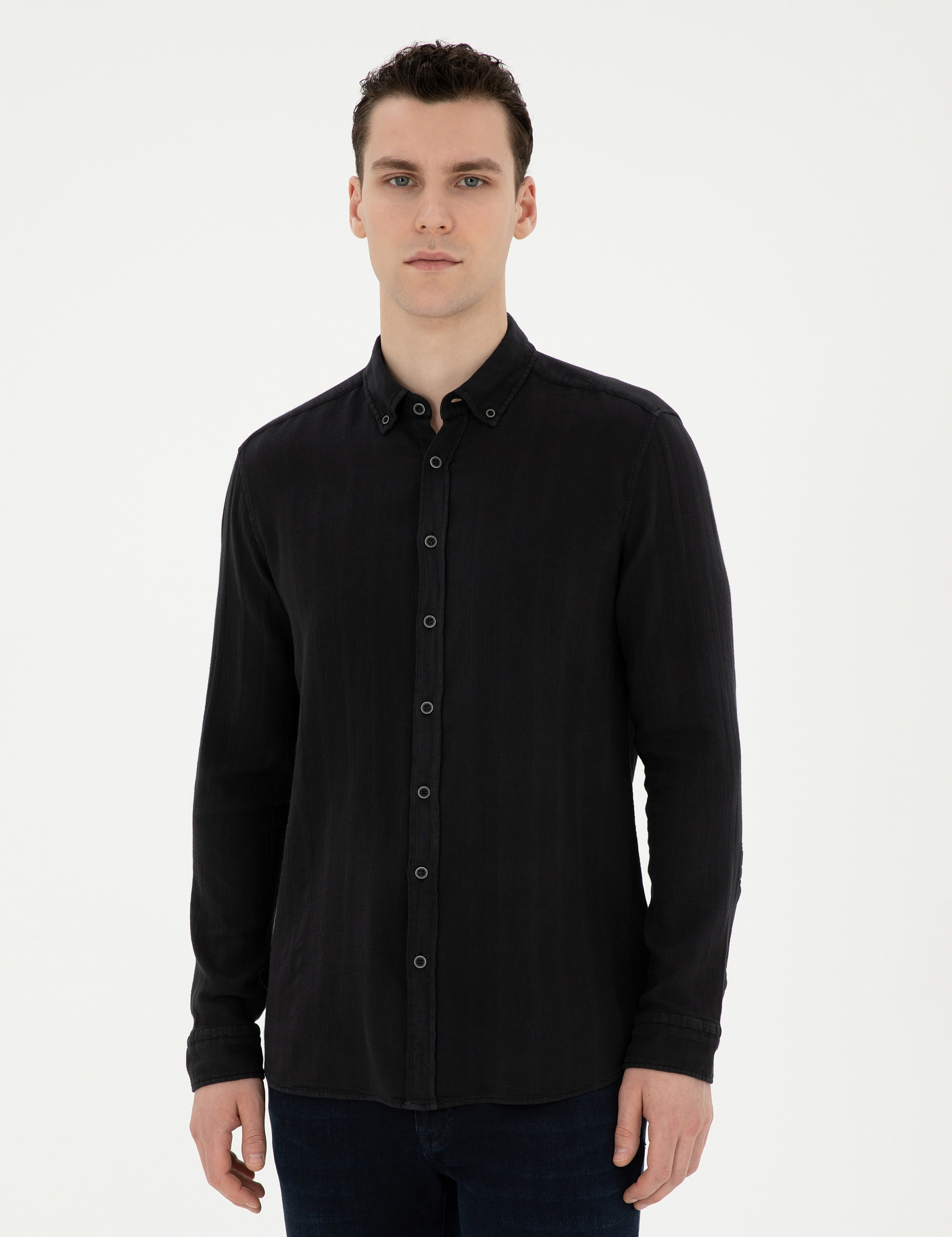 Siyah Regular Fit Uzun Kollu Gömlek - Image 1