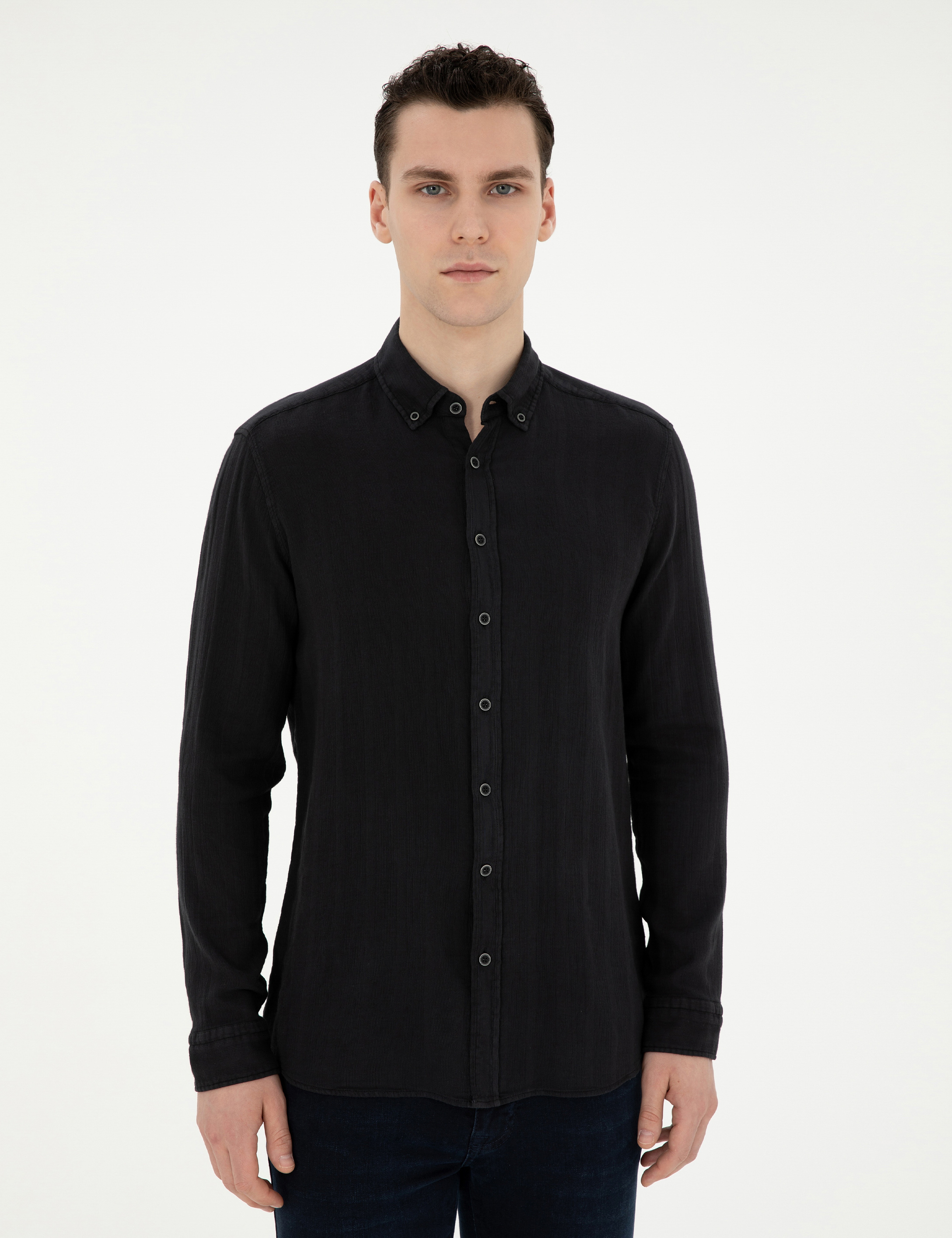 Siyah Regular Fit Uzun Kollu Gömlek - Image 3