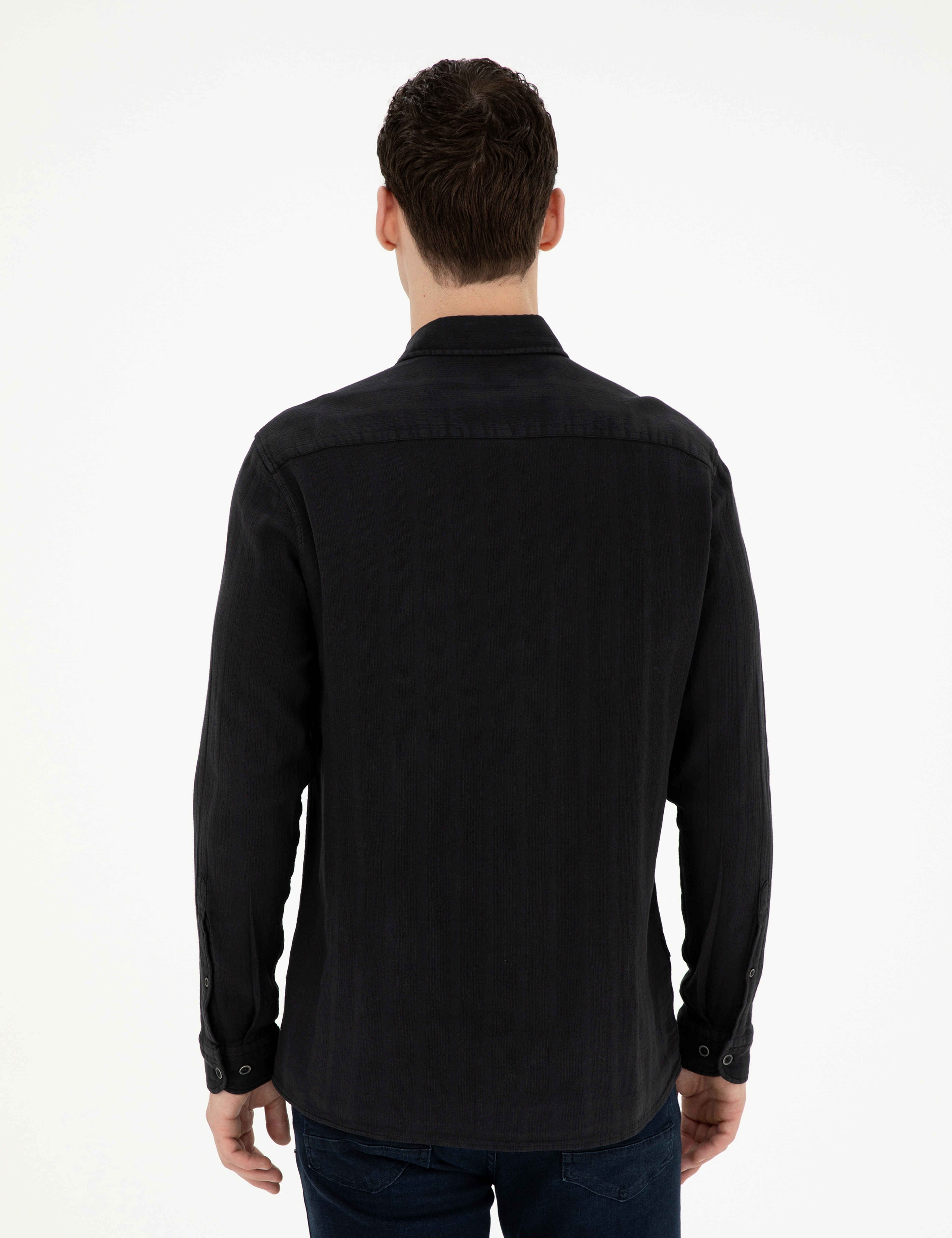Siyah Regular Fit Uzun Kollu Gömlek - Image 5