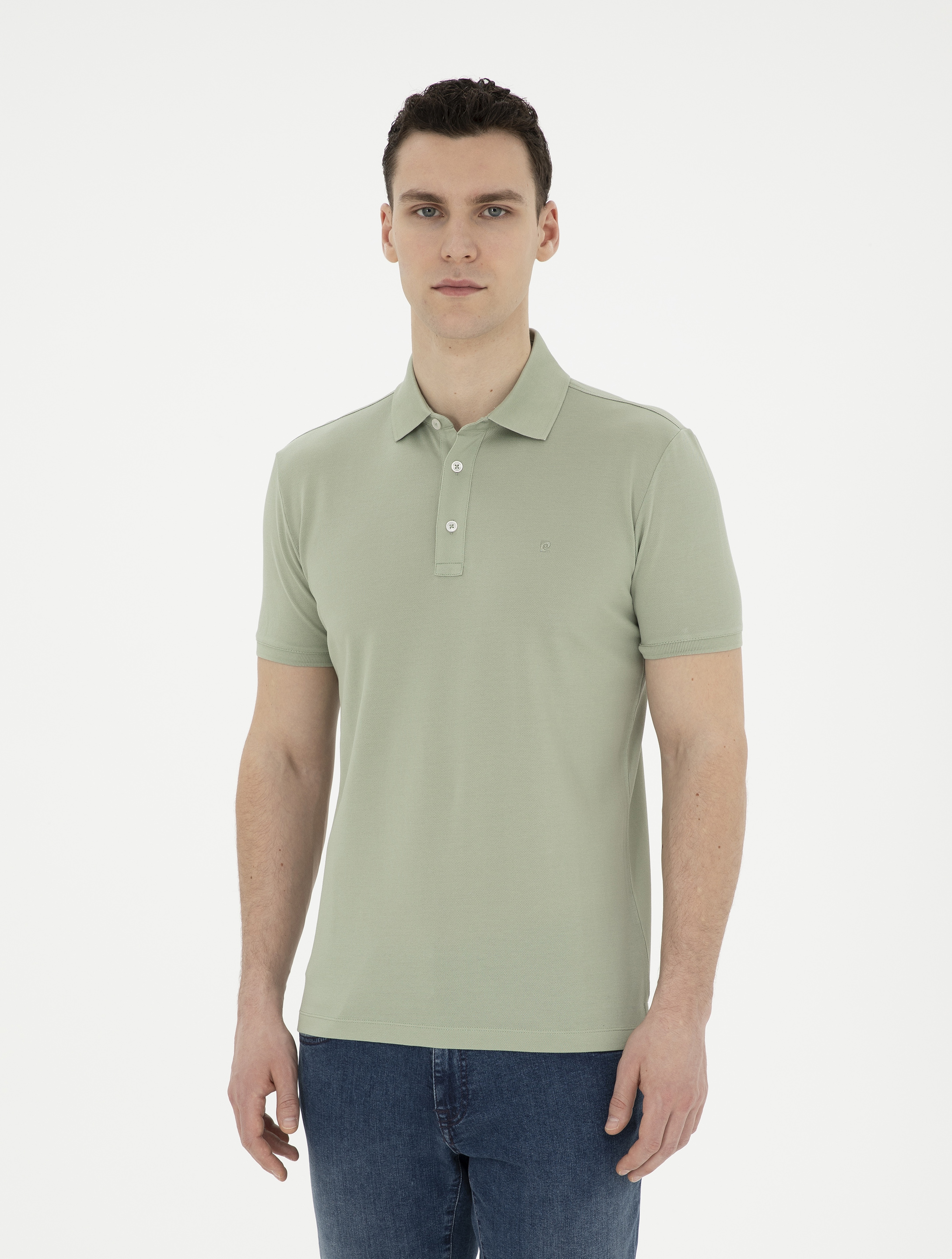 Çağla Yeşili Slim Fit %100 Pamuk Merserize Düğmeli Polo Yaka Basic Tişört - Image 1