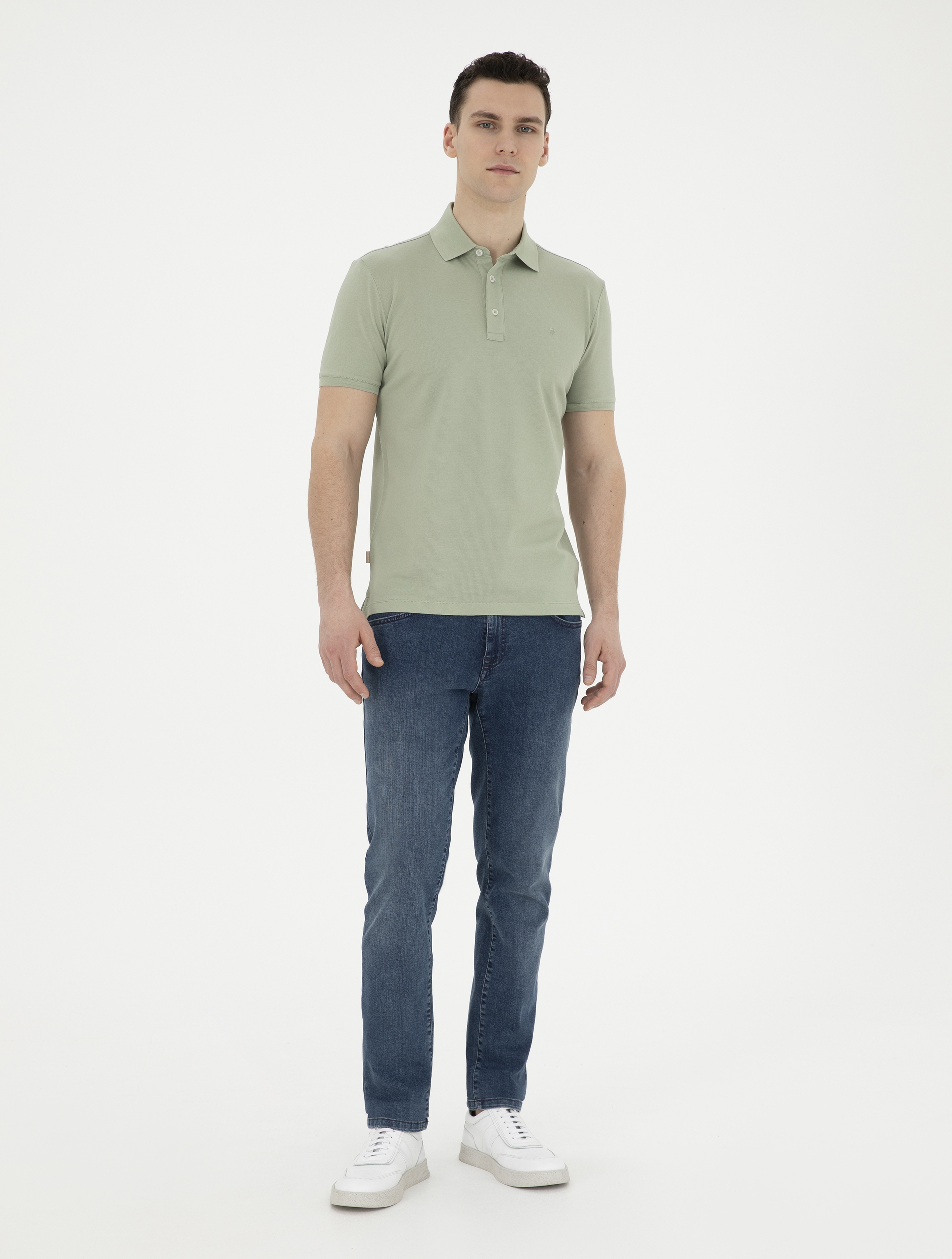 Çağla Yeşili Slim Fit %100 Pamuk Merserize Düğmeli Polo Yaka Basic Tişört - Image 4