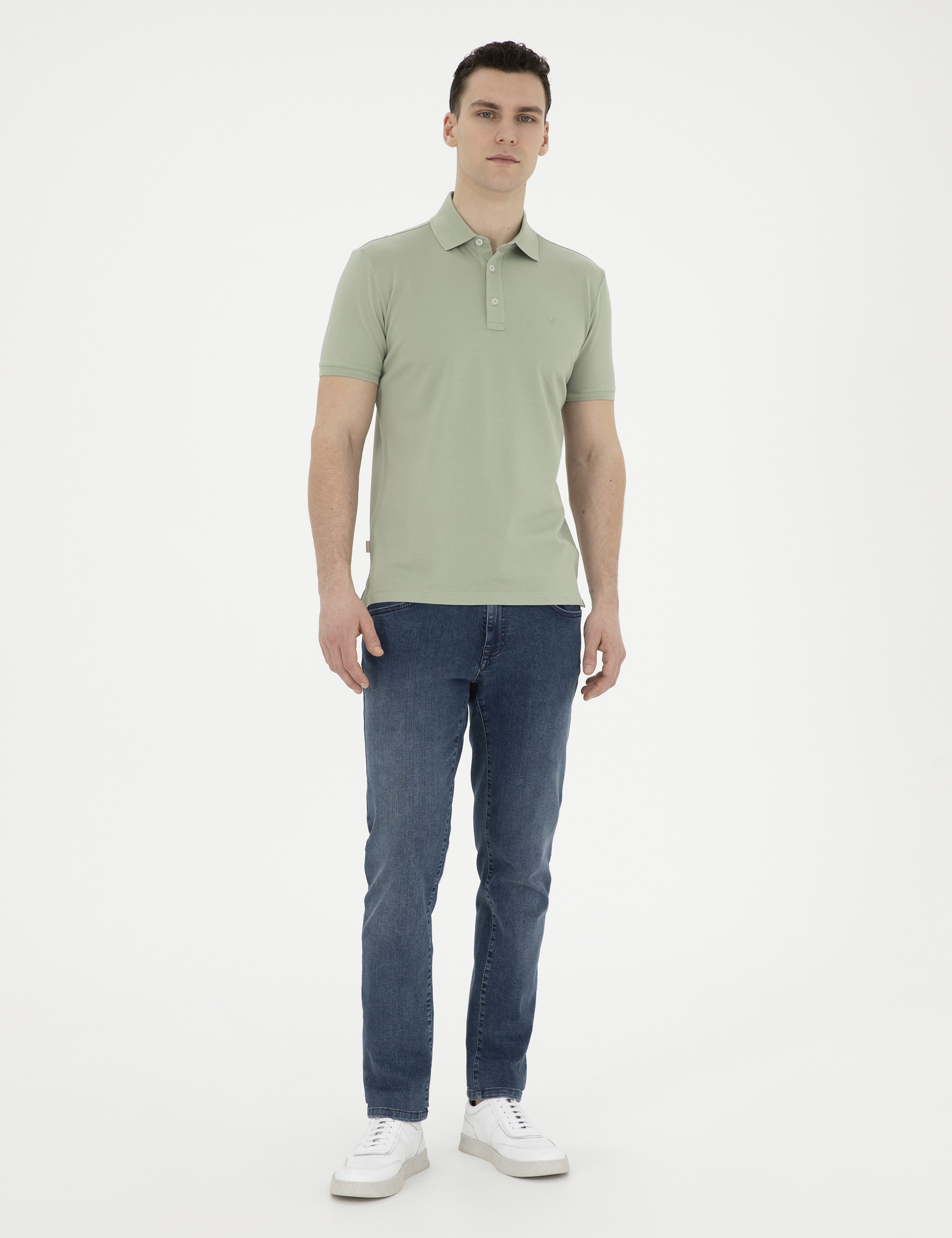 Çağla Yeşili Slim Fit %100 Pamuk Merserize Düğmeli Polo Yaka Basic Tişört