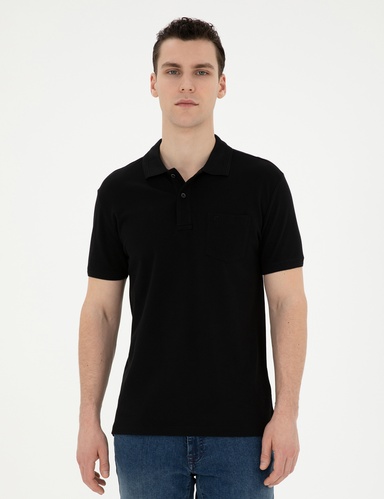 Siyah Regular Fit %100 Pamuk Düğmeli Polo Yaka Basic Tişört