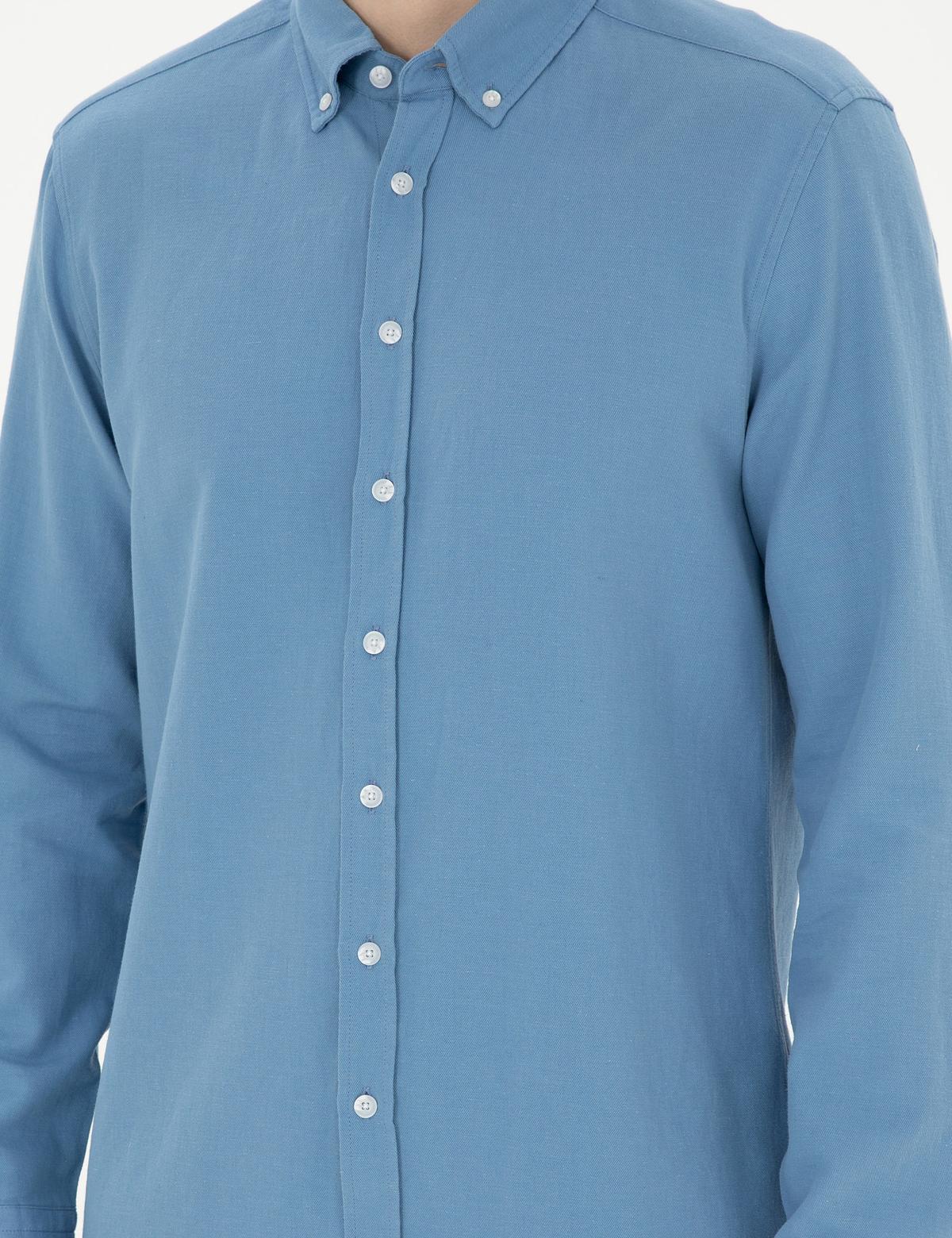 Açık Mavi Keten Karışımlı Regular Fit Uzun Kollu Gömlek - 50283521003