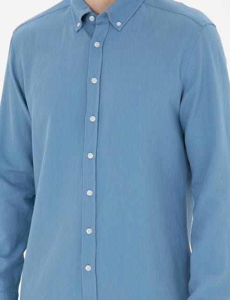 Açık Mavi Keten Karışımlı Regular Fit Uzun Kollu Gömlek - 50283521003