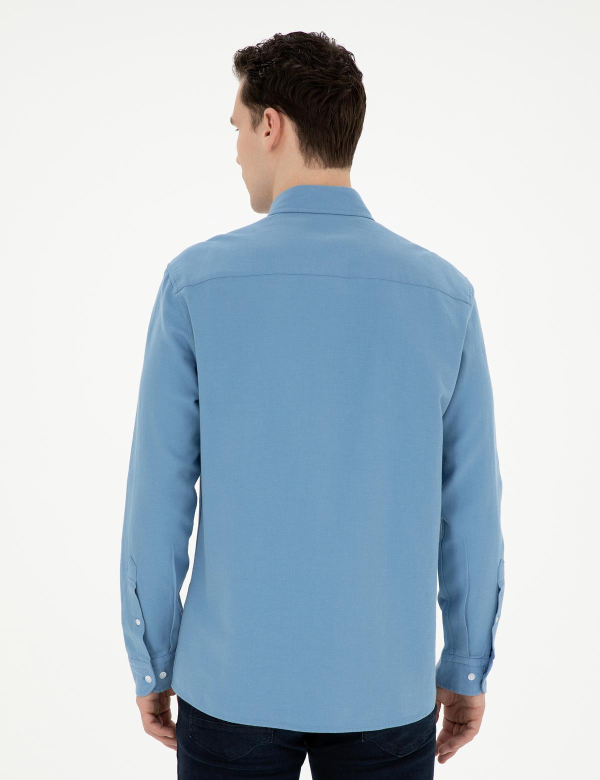 Açık Mavi Keten Karışımlı Regular Fit Uzun Kollu Gömlek - 50283521003