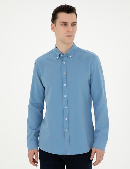 Açık Mavi Keten Karışımlı Regular Fit Uzun Kollu Gömlek - 50283521003