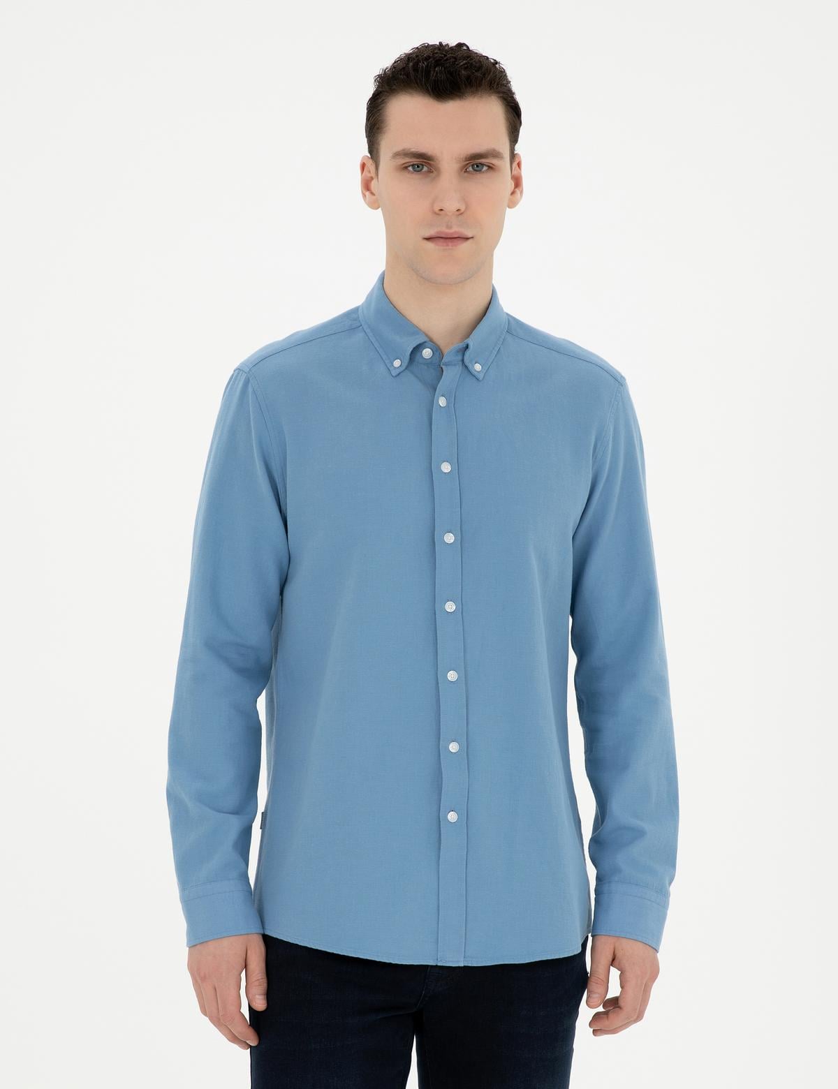 Açık Mavi Keten Karışımlı Regular Fit Uzun Kollu Gömlek