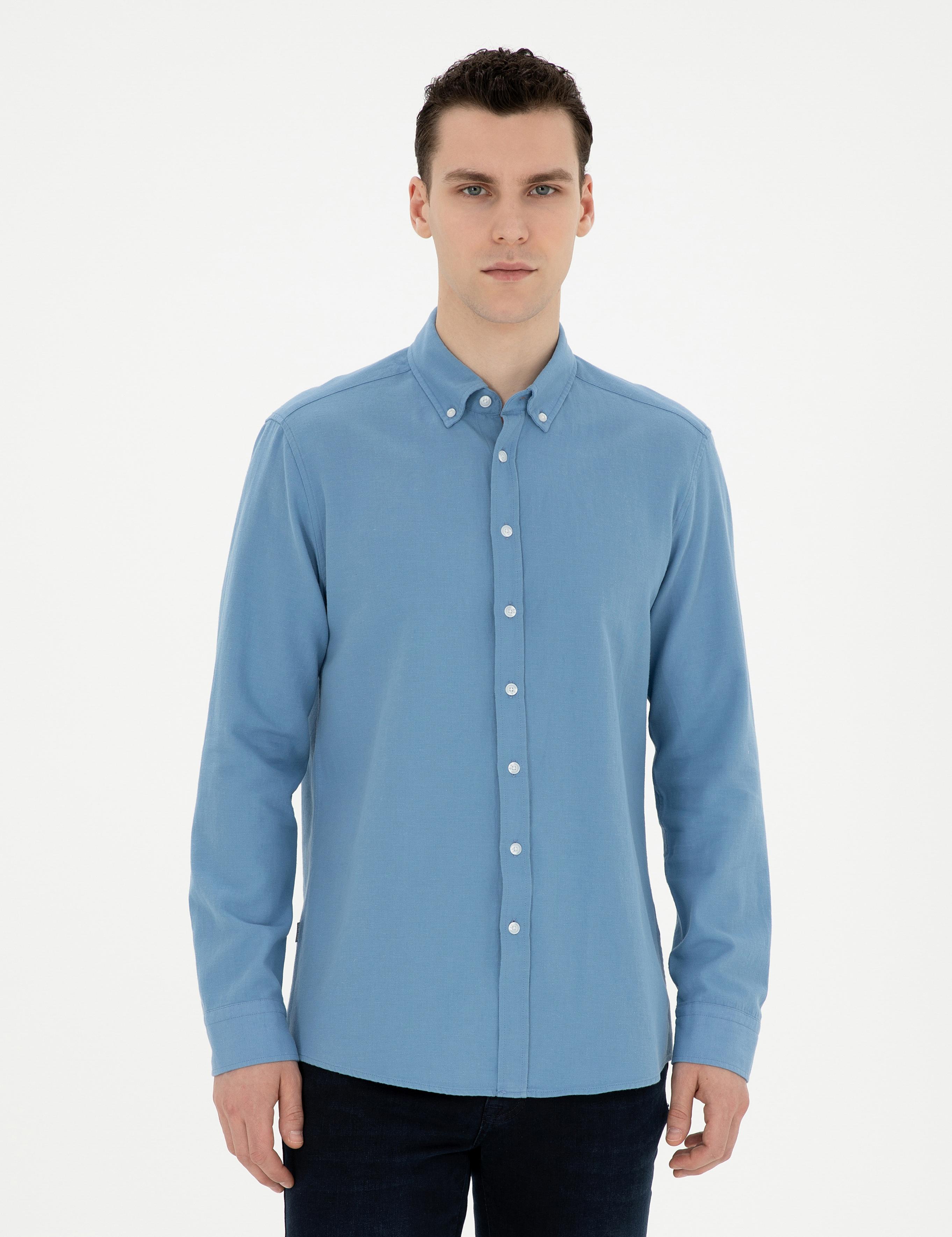 Açık Mavi Keten Karışımlı Regular Fit Uzun Kollu Gömlek