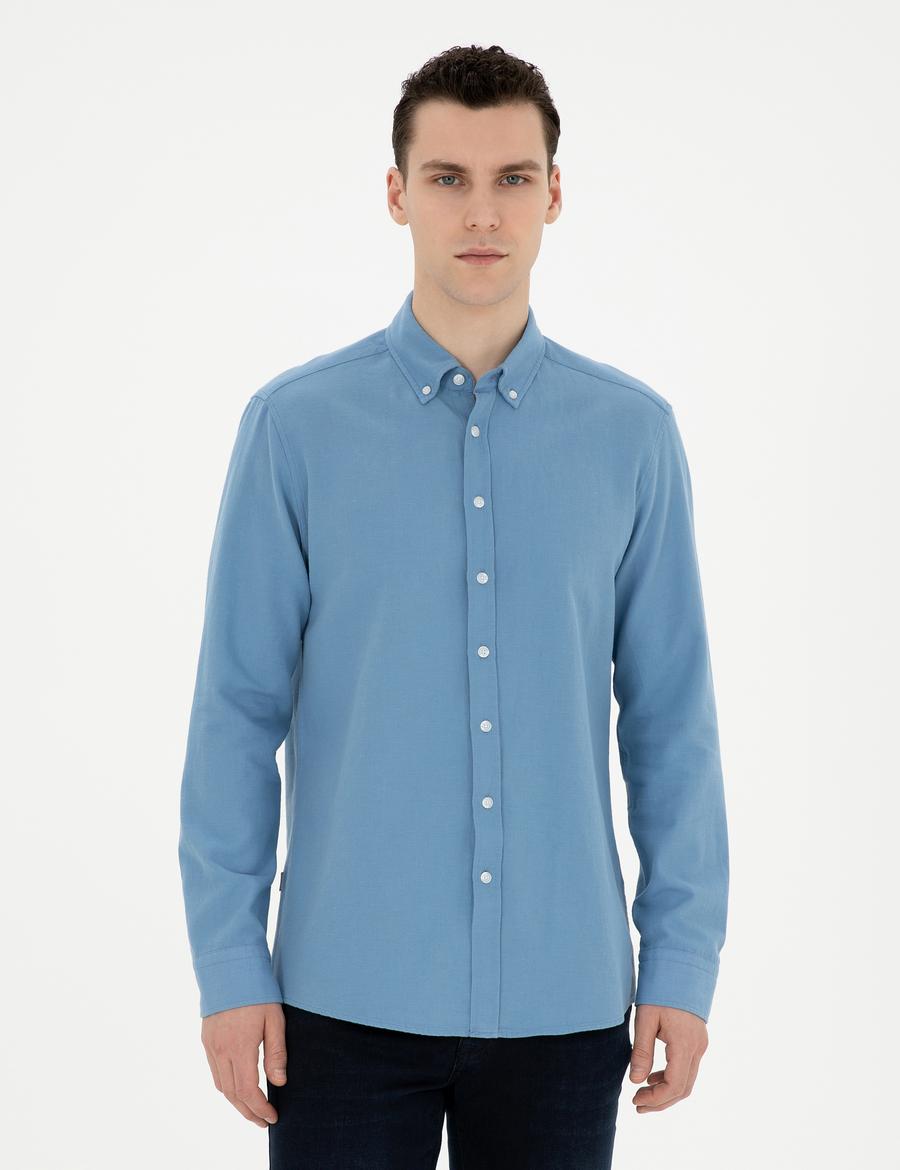 Açık Mavi Keten Karışımlı Regular Fit Uzun Kollu Gömlek