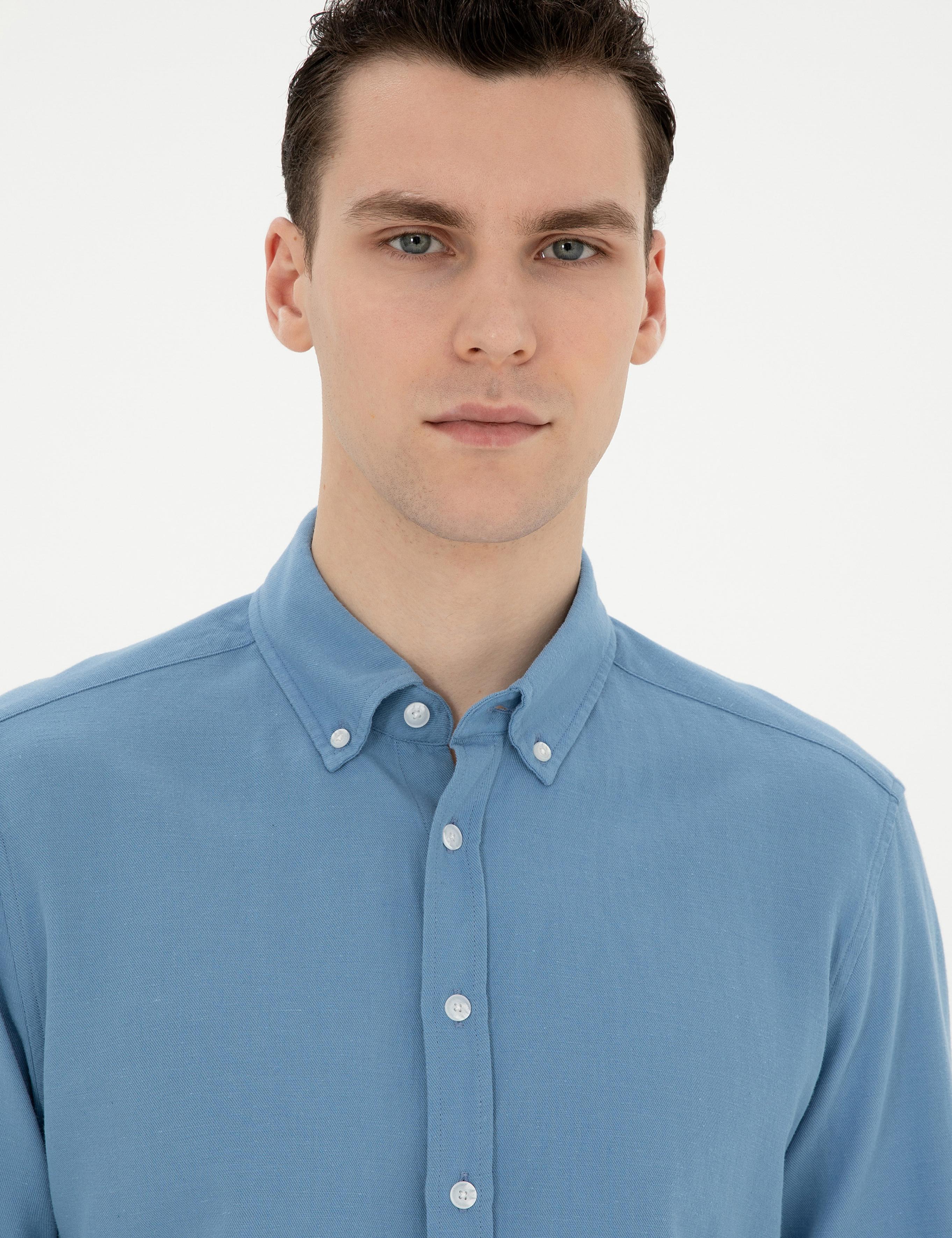 Açık Mavi Keten Karışımlı Regular Fit Uzun Kollu Gömlek