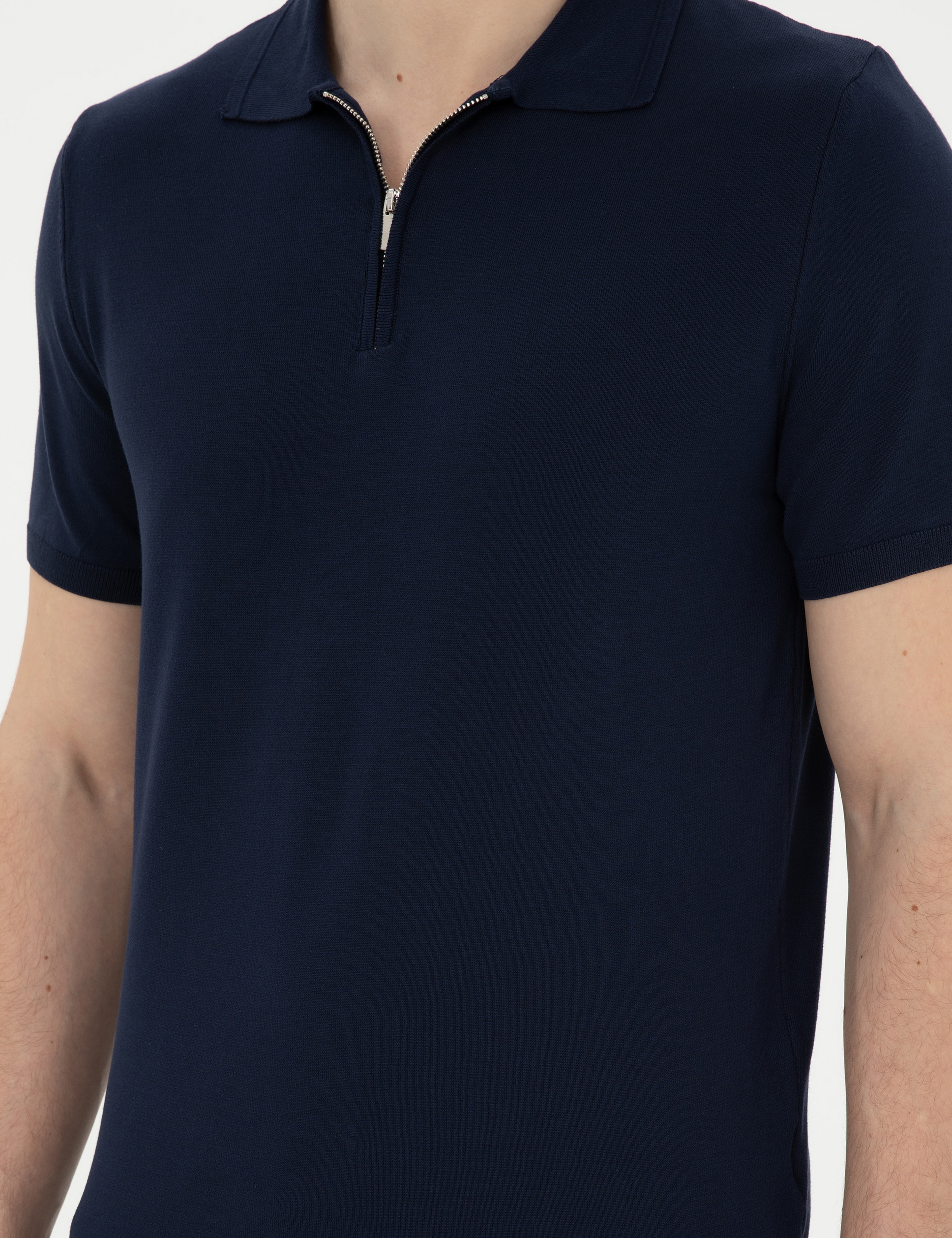Lacivert Slim Fit Fermuarlı Polo Yaka Triko Tişört