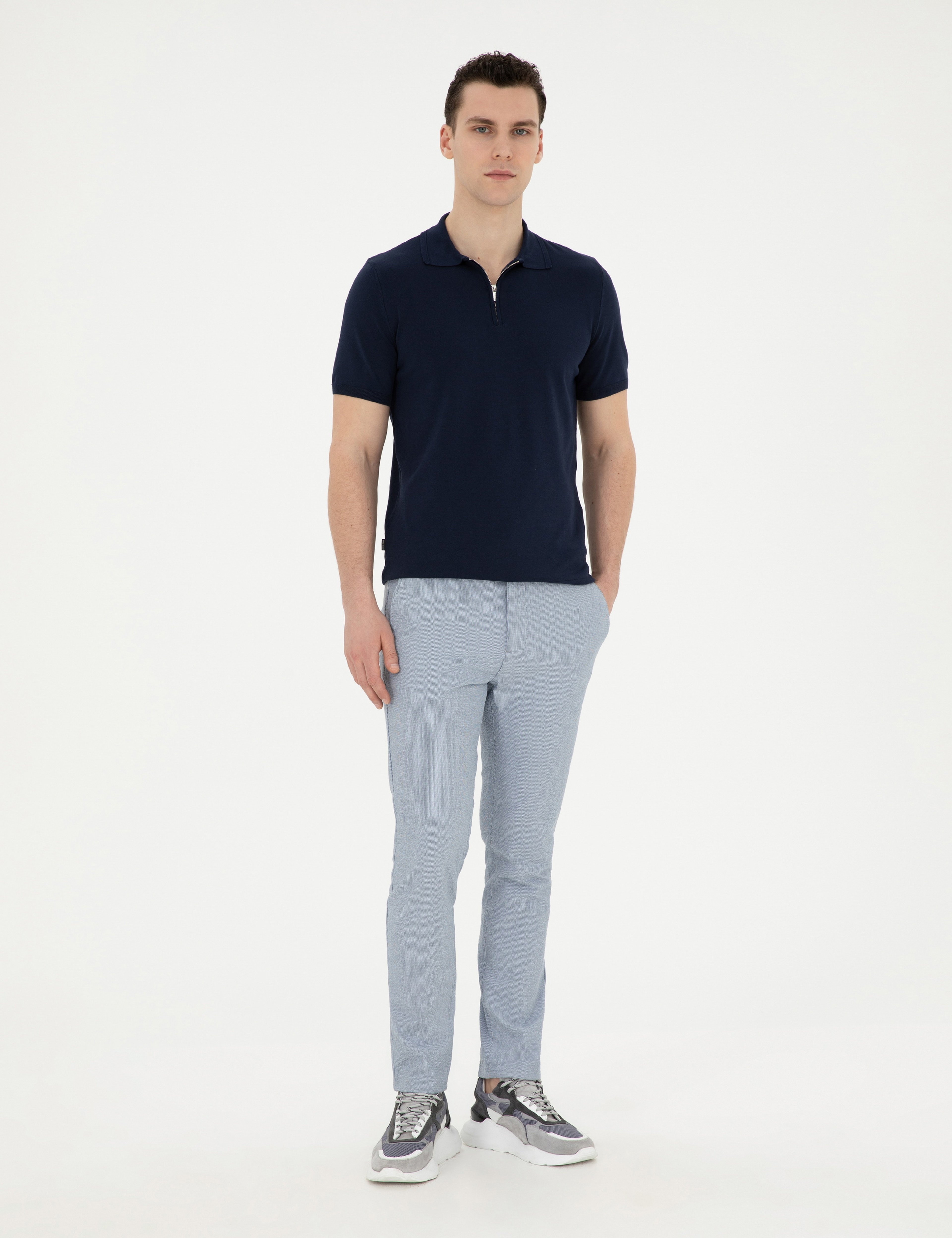 Lacivert Slim Fit Fermuarlı Polo Yaka Triko Tişört - Image 4
