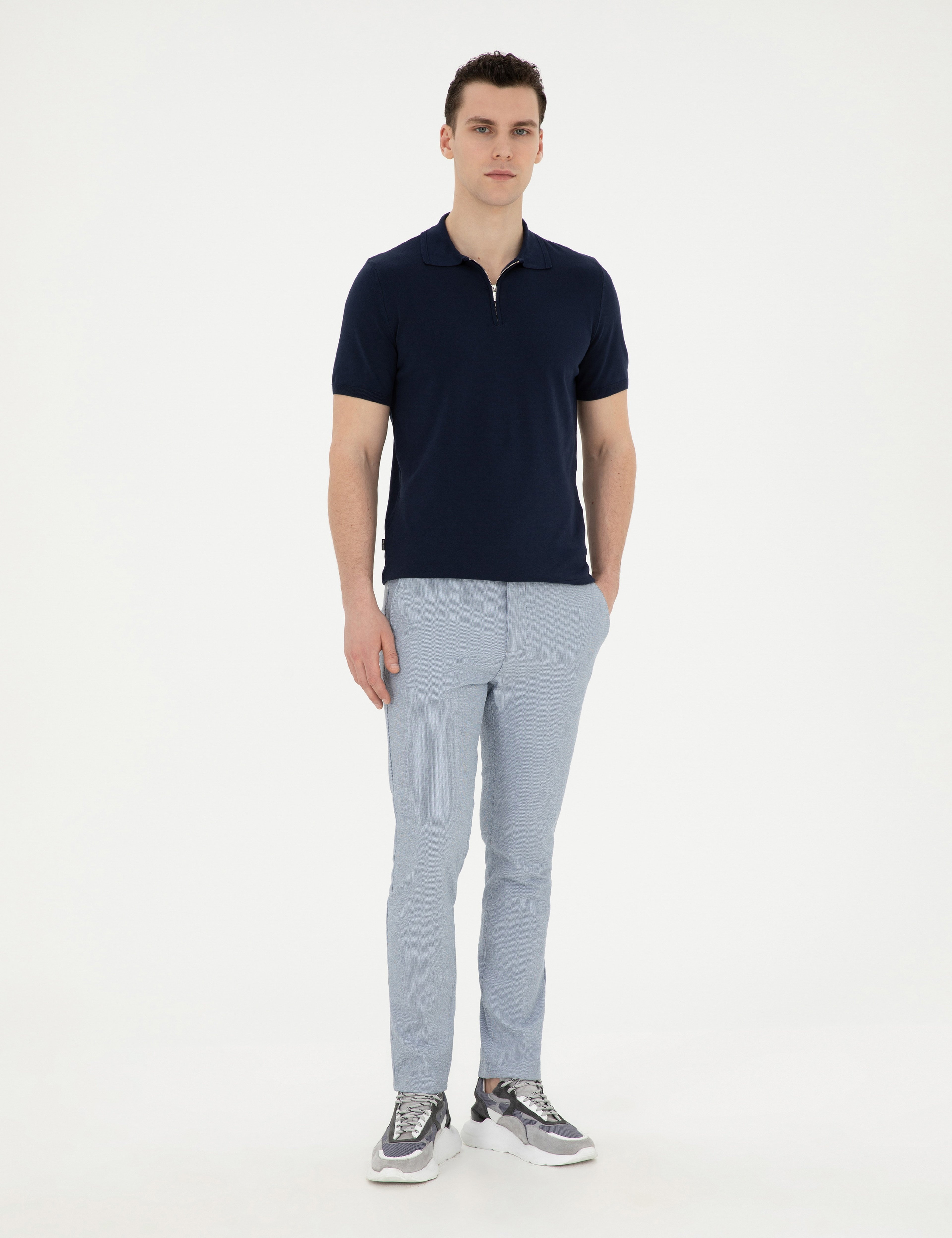 Lacivert Slim Fit Fermuarlı Polo Yaka Triko Tişört