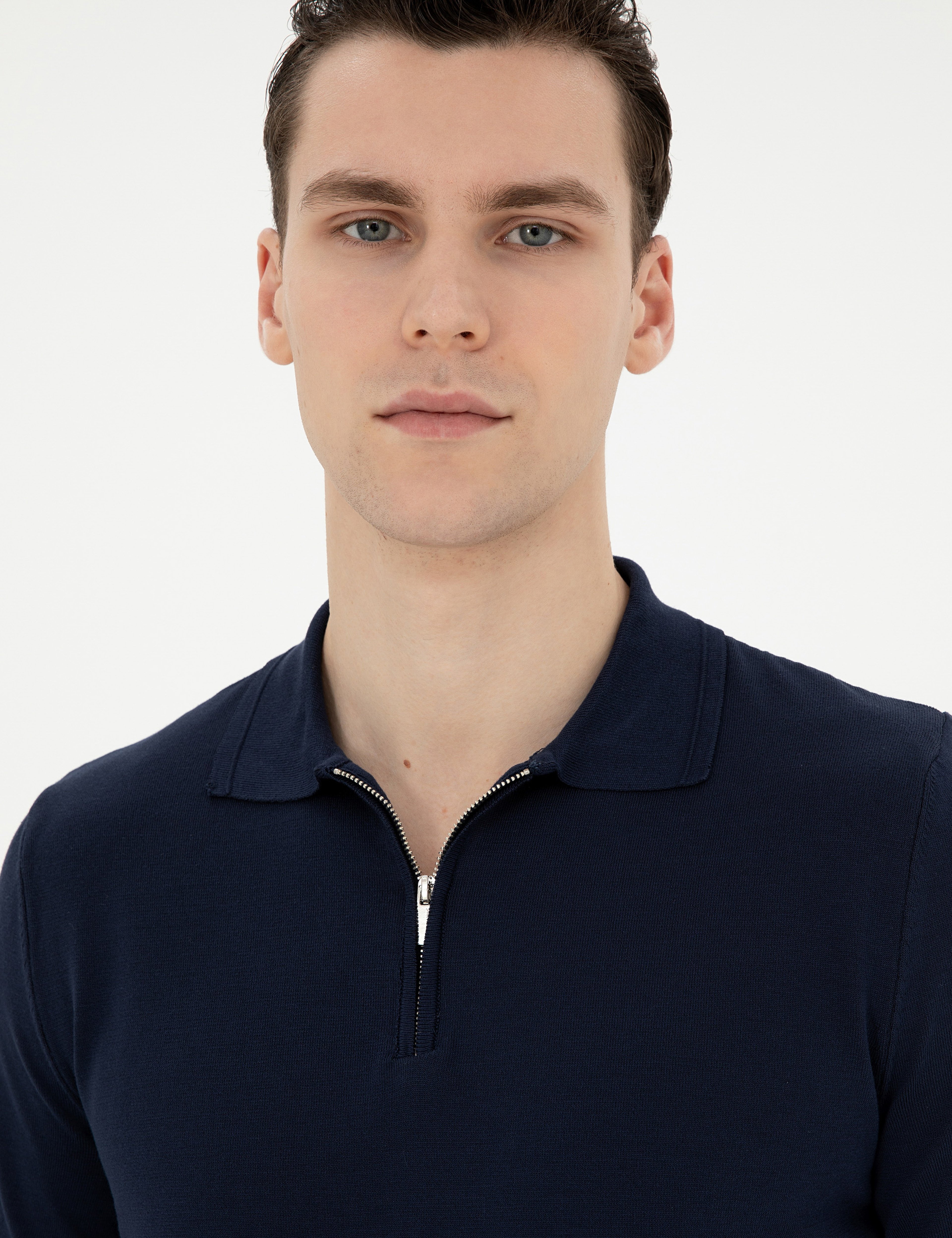 Lacivert Slim Fit Fermuarlı Polo Yaka Triko Tişört