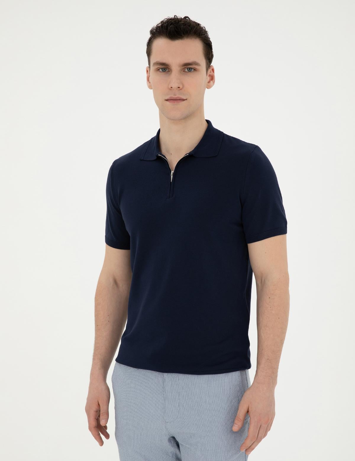 Lacivert Slim Fit Fermuarlı Polo Yaka Triko Tişört - 50288084013