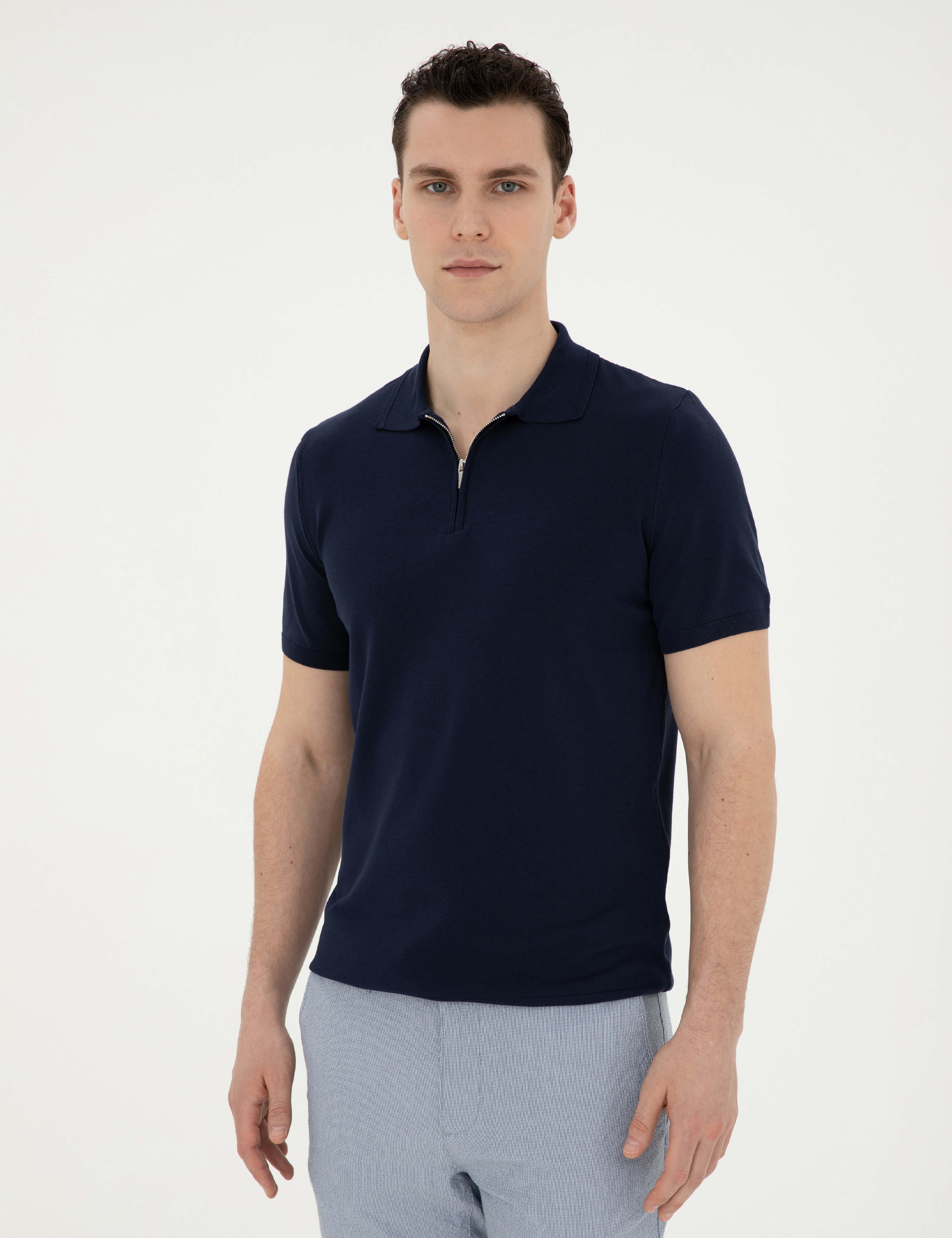 Lacivert Slim Fit Fermuarlı Polo Yaka Triko Tişört - Image 3