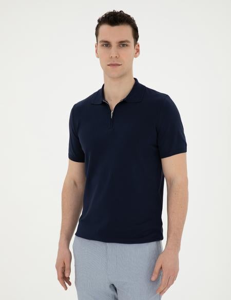 Lacivert Slim Fit Fermuarlı Polo Yaka Triko Tişört - 50288084013