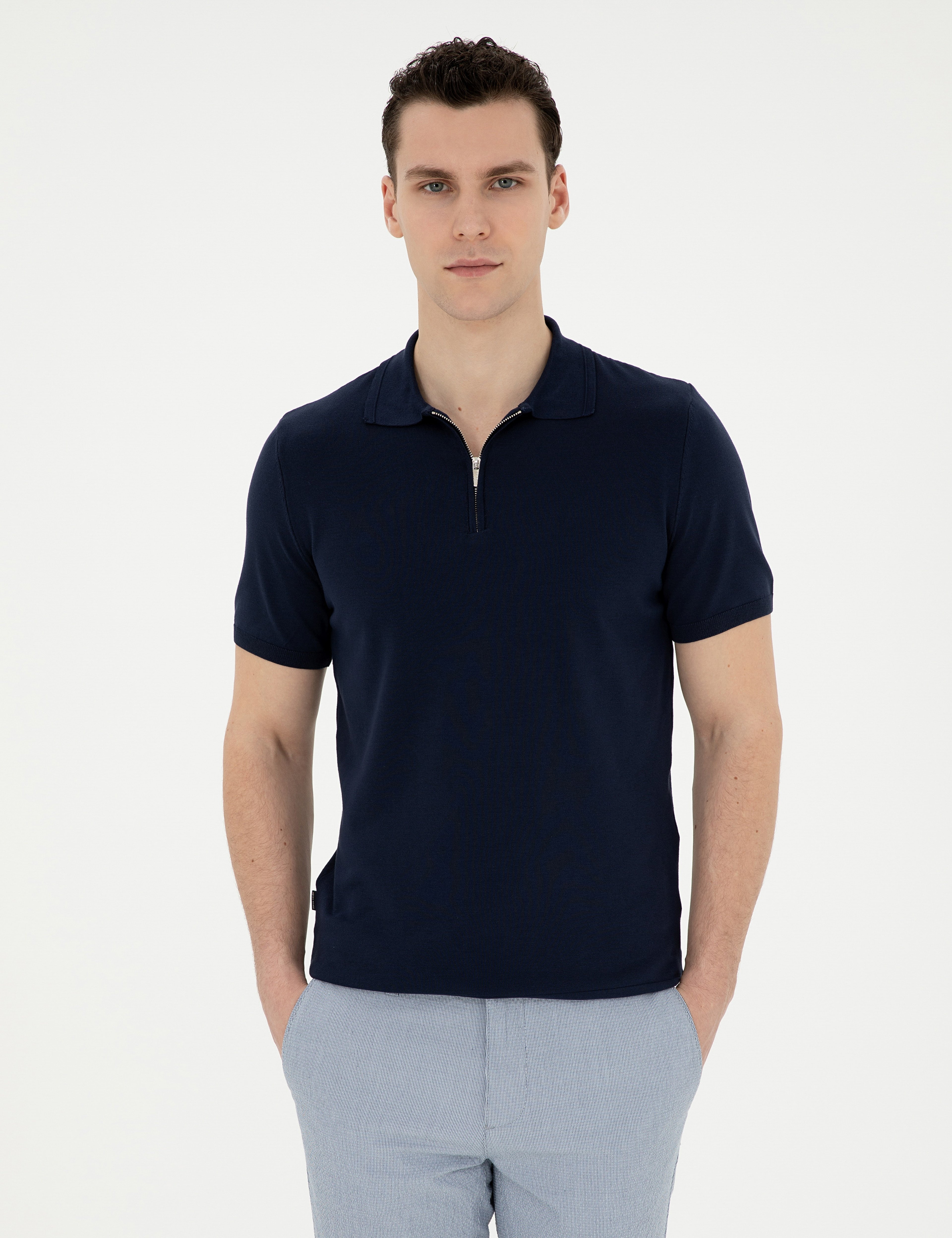 Lacivert Slim Fit Fermuarlı Polo Yaka Triko Tişört - Image 1