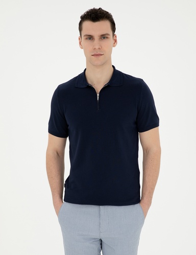 Lacivert Slim Fit Fermuarlı Polo Yaka Triko Tişört