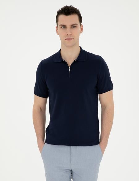 Lacivert Slim Fit Fermuarlı Polo Yaka Triko Tişört - 50288084013
