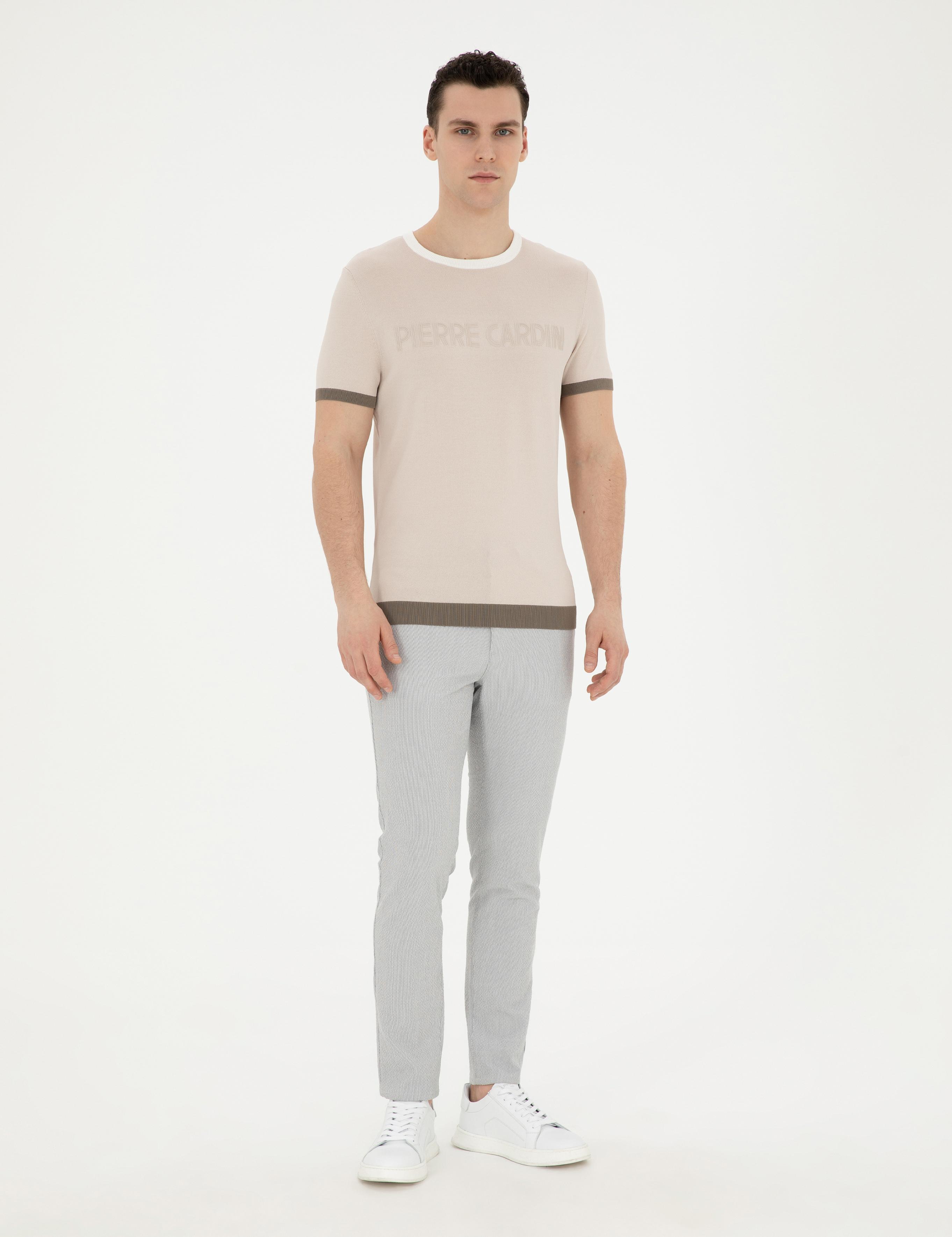 Bej Slim Fit Bisiklet Yaka Triko Tişört