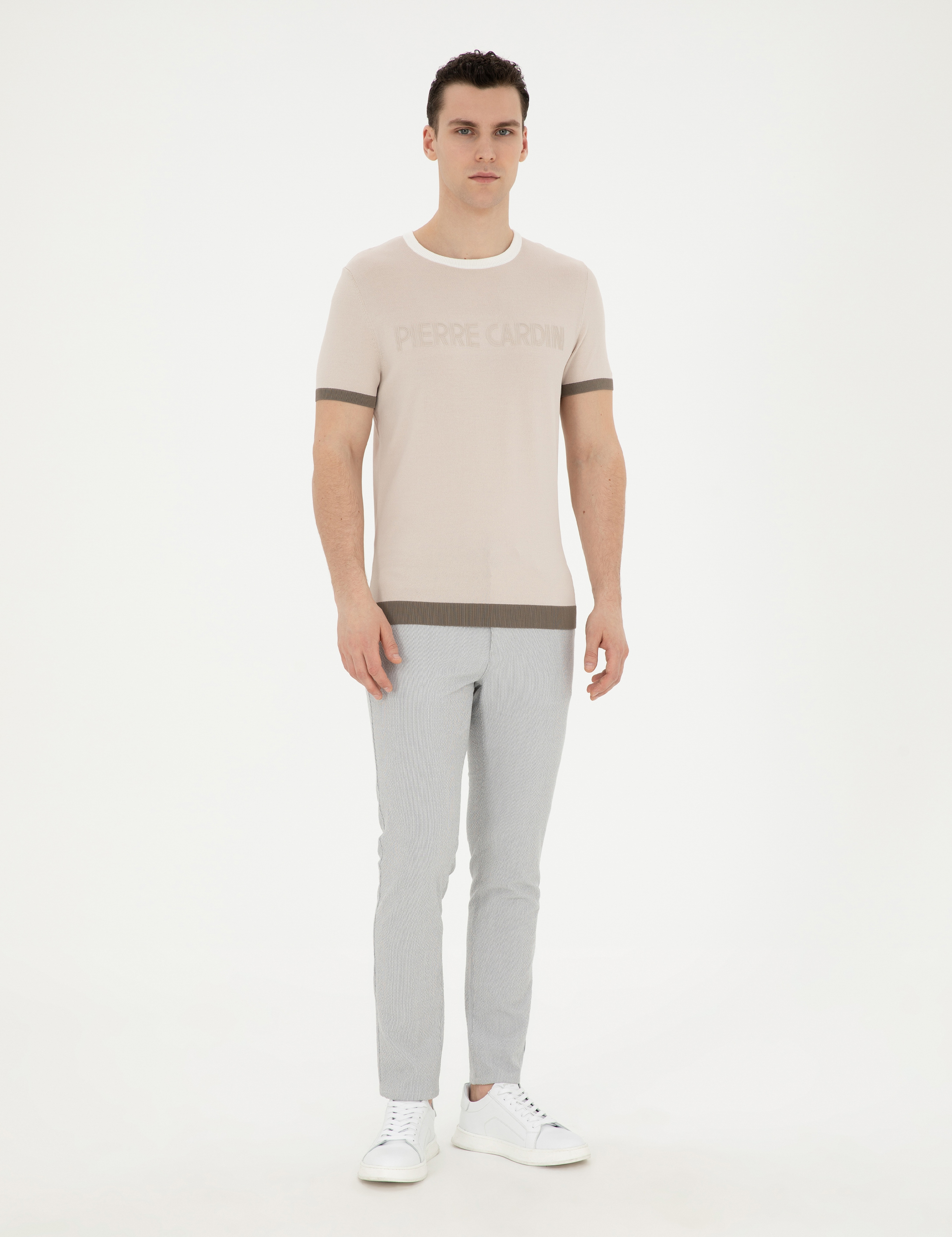 Bej Slim Fit Bisiklet Yaka Triko Tişört - Image 4