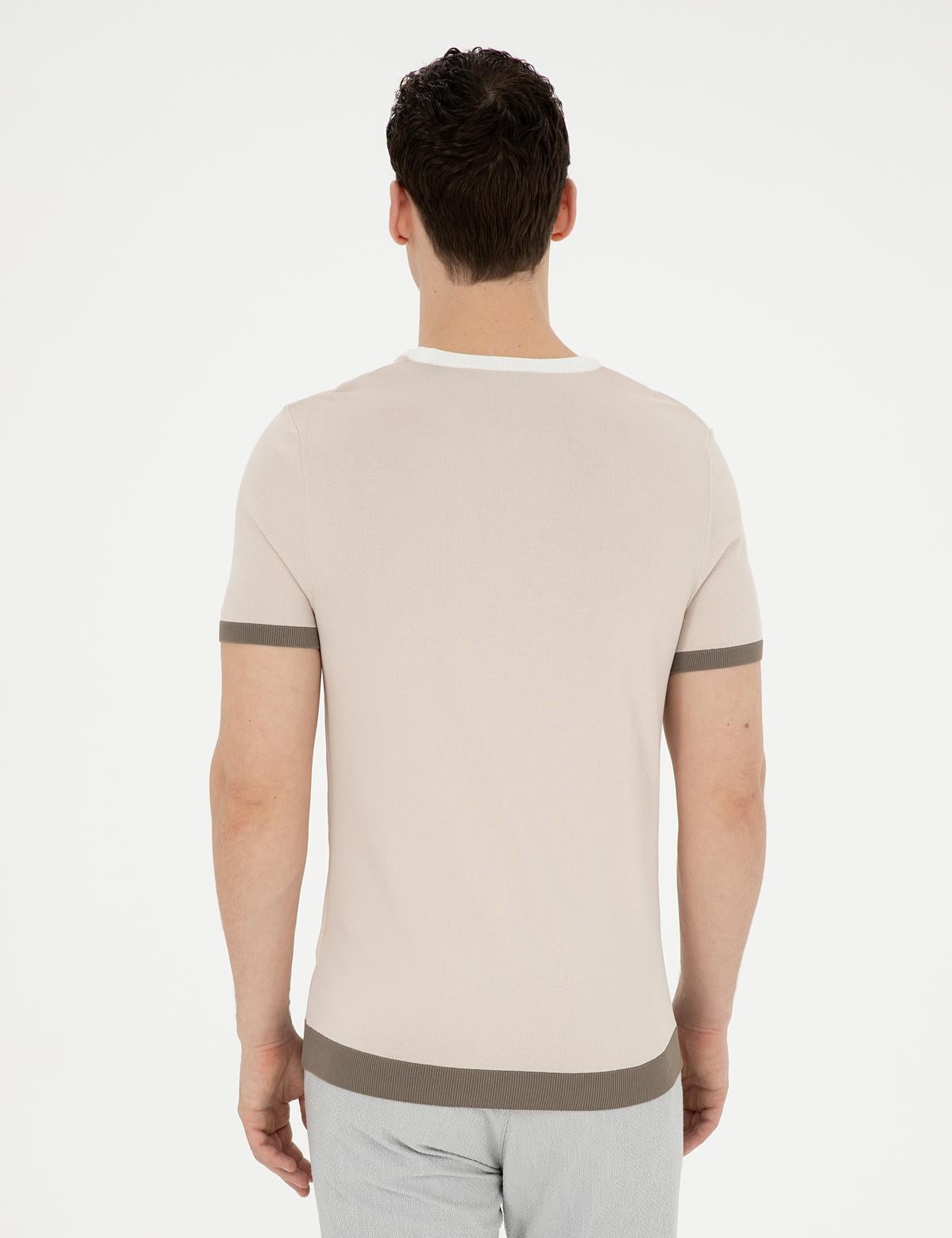 Bej Slim Fit Bisiklet Yaka Triko Tişört - 50288086009