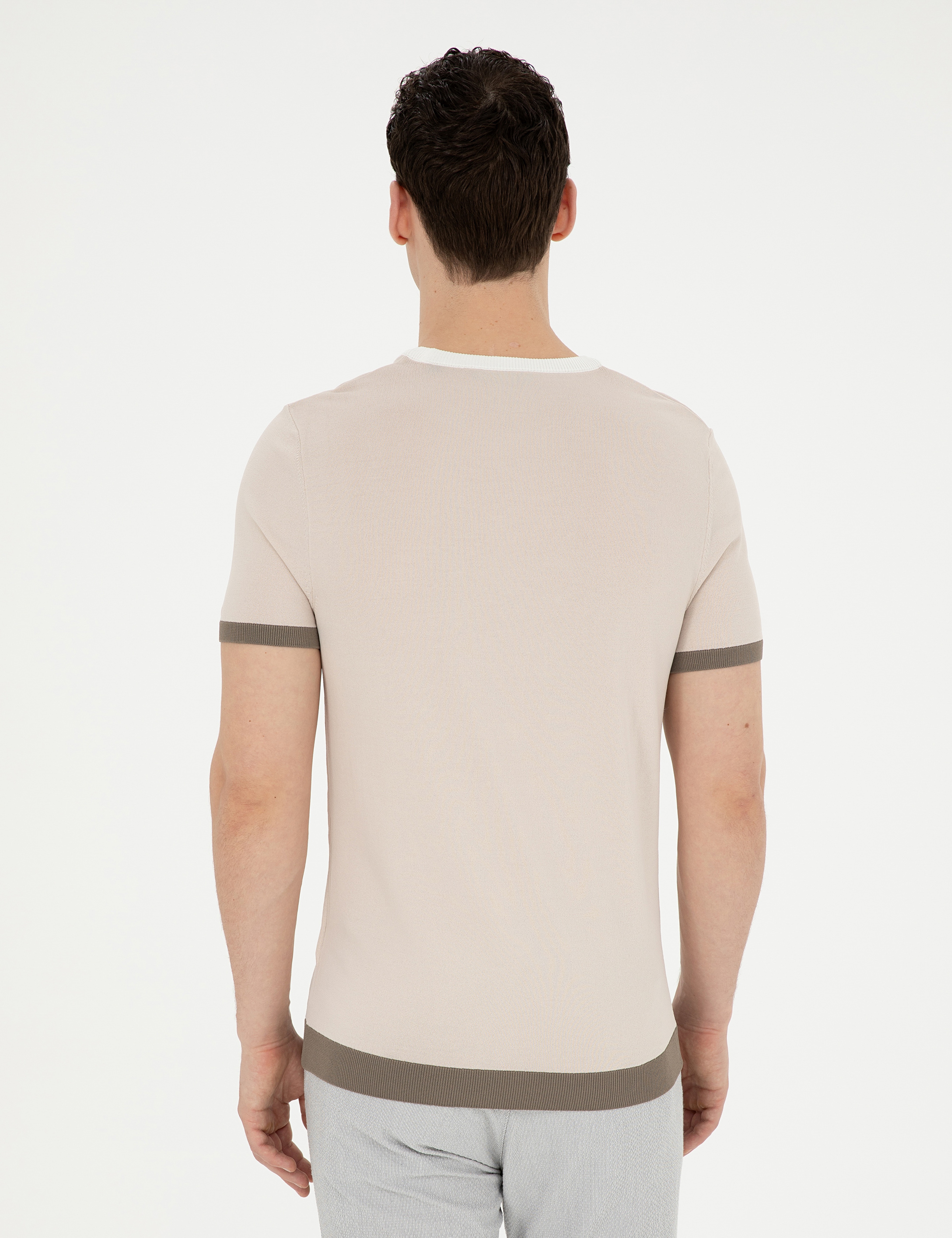 Bej Slim Fit Bisiklet Yaka Triko Tişört - Image 5