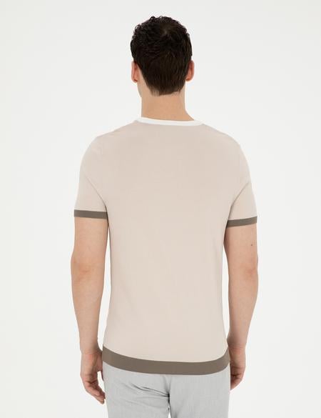 Bej Slim Fit Bisiklet Yaka Triko Tişört - 50288086009