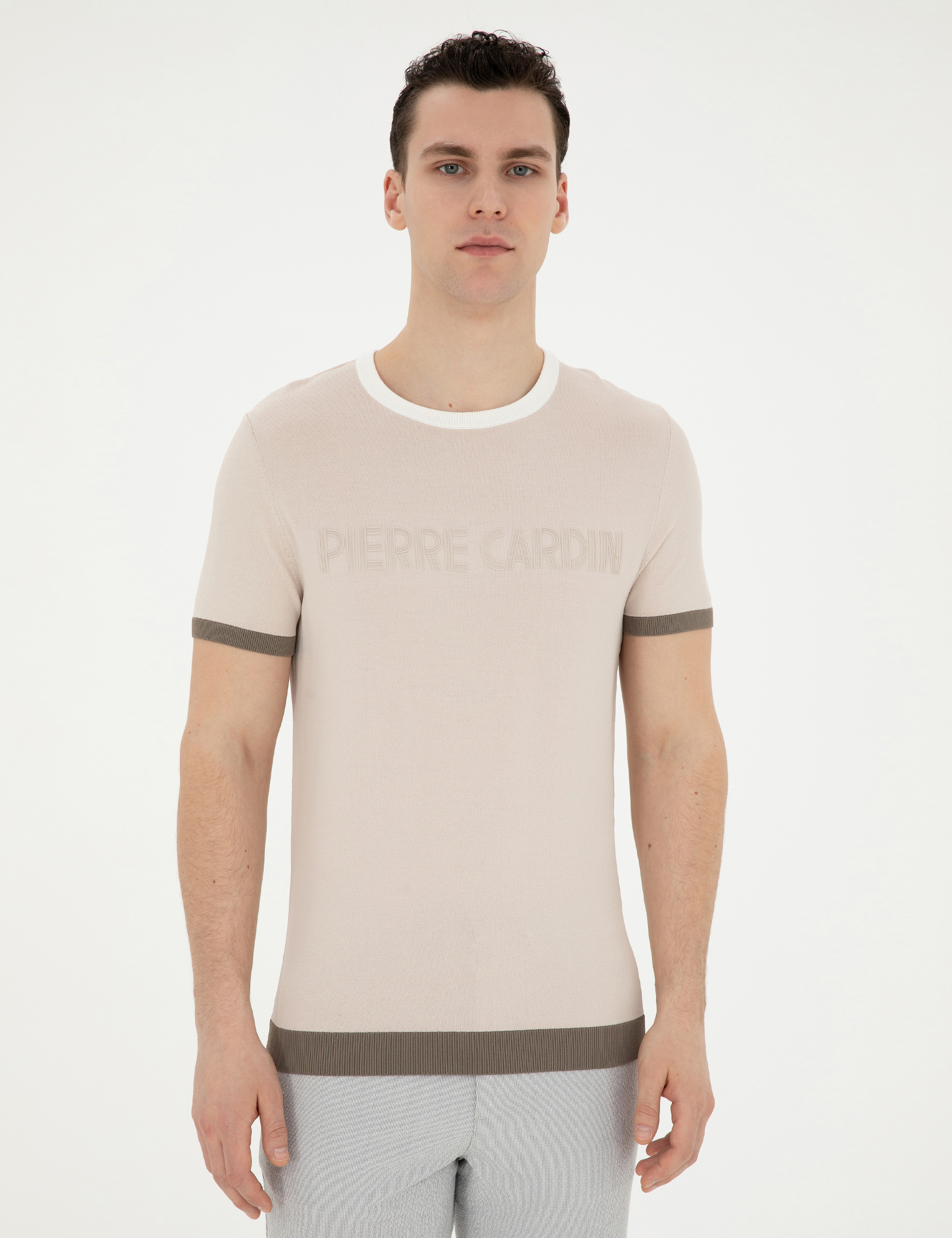 Bej Slim Fit Bisiklet Yaka Triko Tişört - Image 3