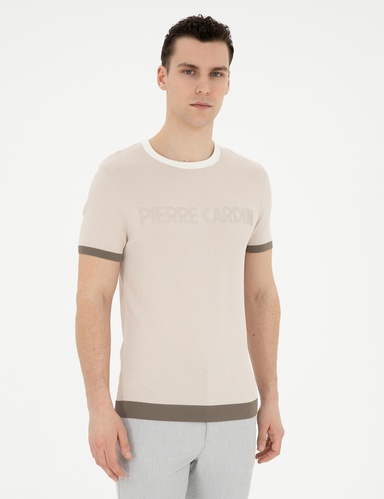 Bej Slim Fit Bisiklet Yaka Triko Tişört