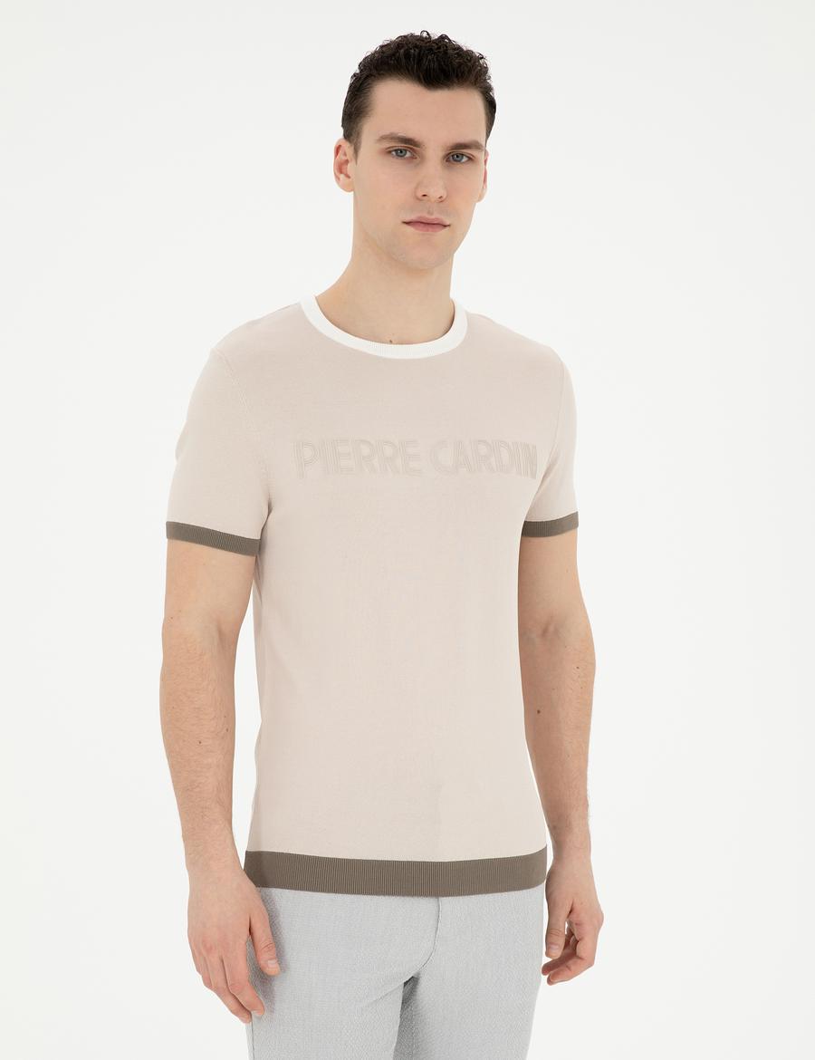 Bej Slim Fit Bisiklet Yaka Triko Tişört