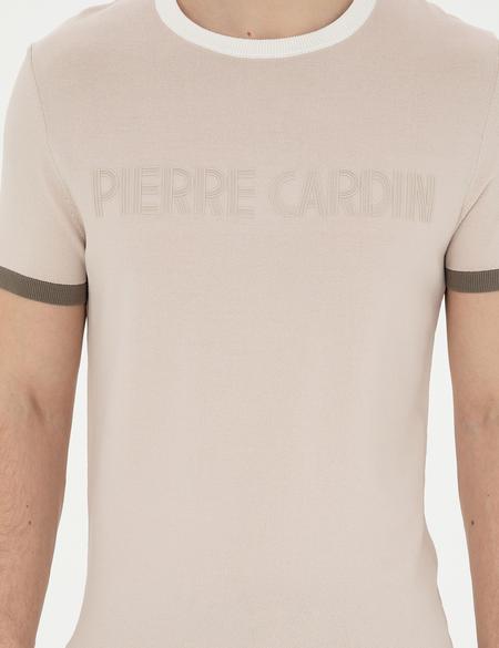 Bej Slim Fit Bisiklet Yaka Triko Tişört - 50288086009