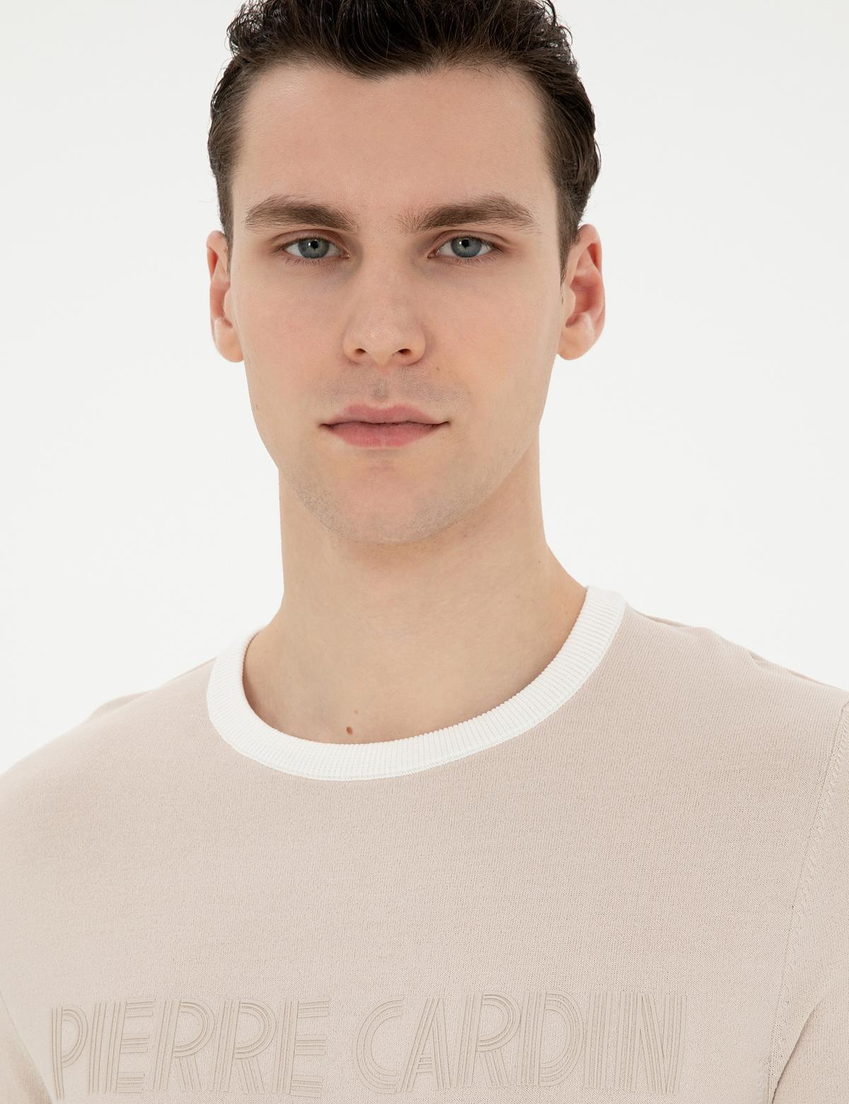 Bej Slim Fit Bisiklet Yaka Triko Tişört - 50288086009