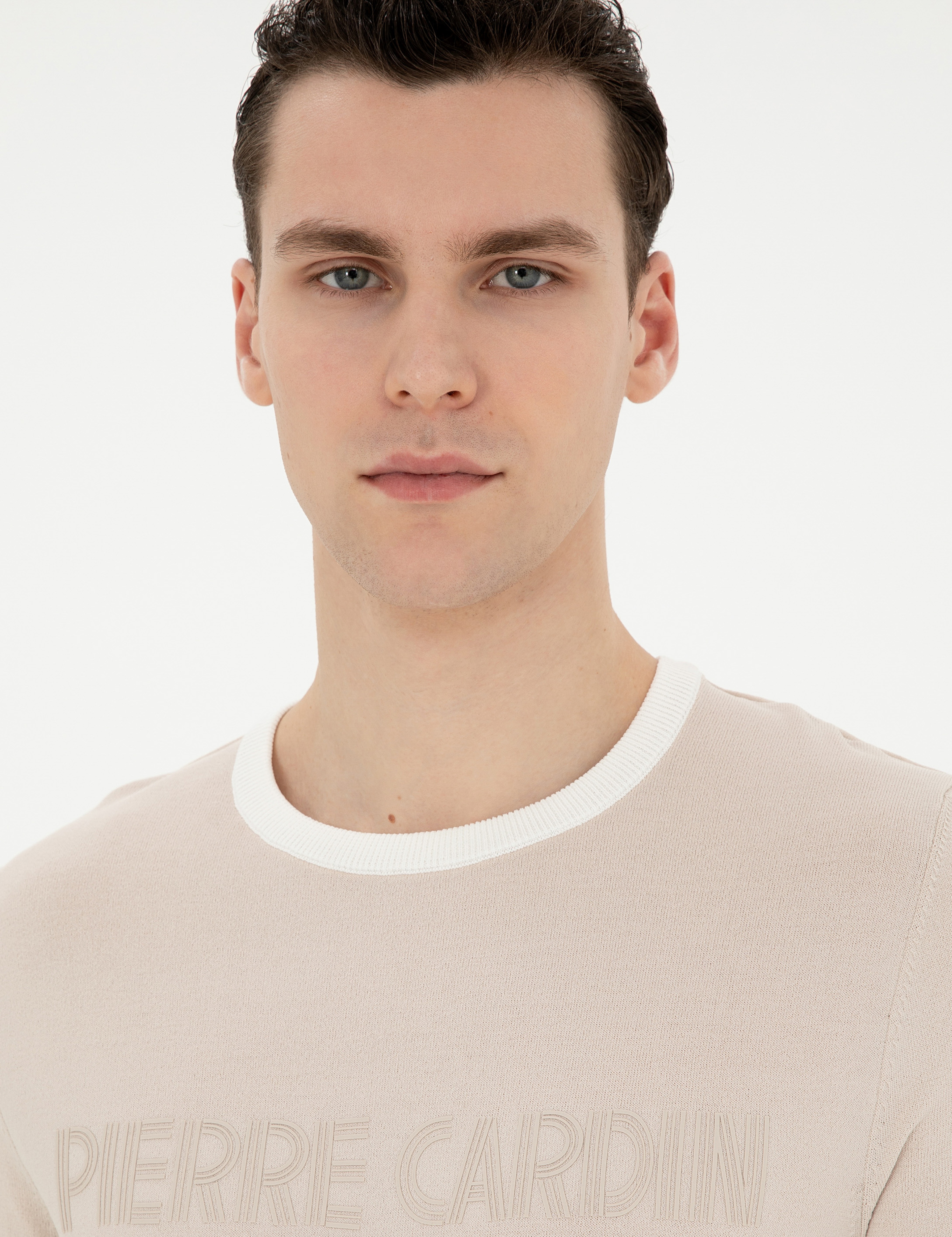 Bej Slim Fit Bisiklet Yaka Triko Tişört - Image 2