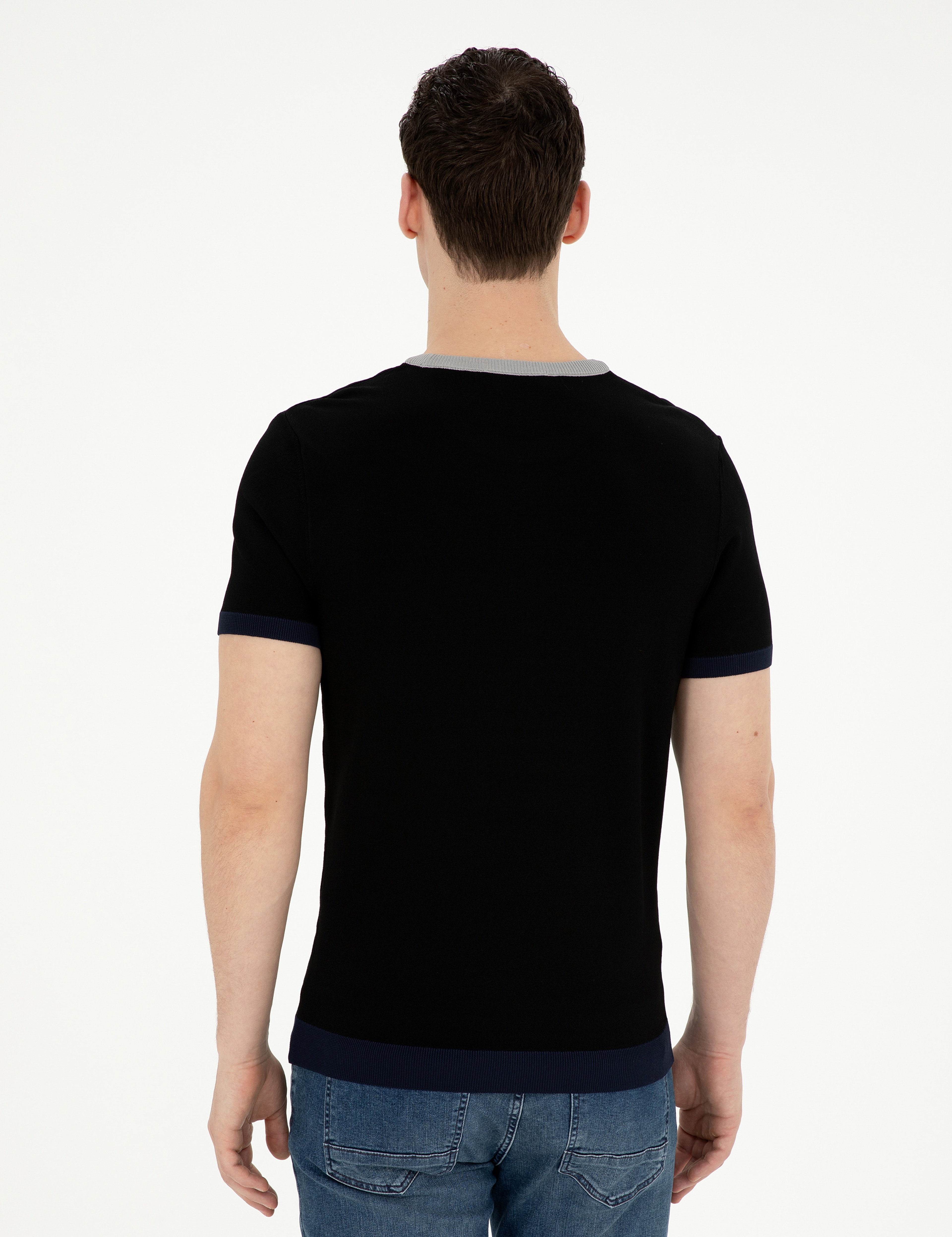 Siyah Slim Fit Bisiklet Yaka Triko Tişört - Image 5