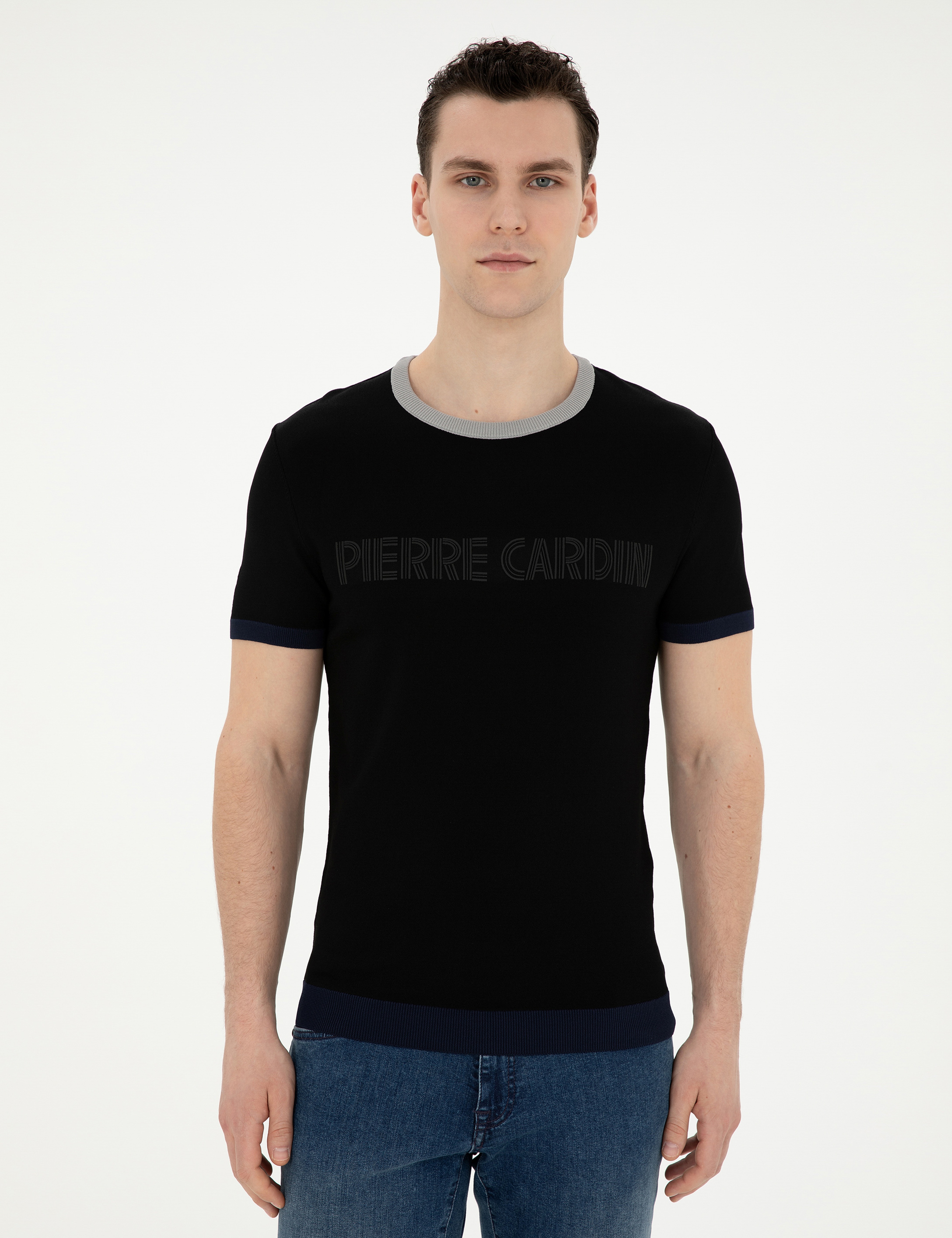 Siyah Slim Fit Bisiklet Yaka Triko Tişört - Image 3