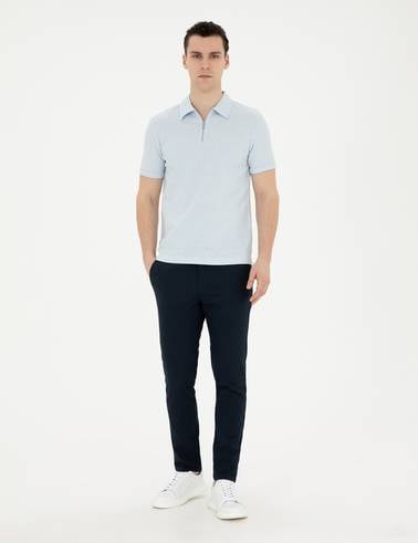 Açık Mavi Slim Fit Fermuarlı Polo Yaka Tişört