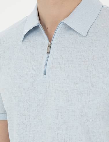 Açık Mavi Slim Fit Fermuarlı Polo Yaka Tişört