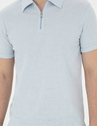 Açık Mavi Slim Fit Fermuarlı Polo Yaka Tişört
