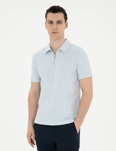 Açık Mavi Slim Fit Fermuarlı Polo Yaka Tişört